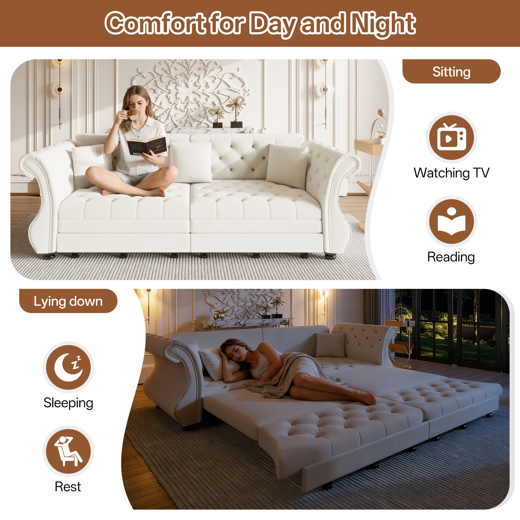 Oversized Chesterfield Pull Out Sofa Bed, Roll Arm Couch With Flower Tufting For Living Room