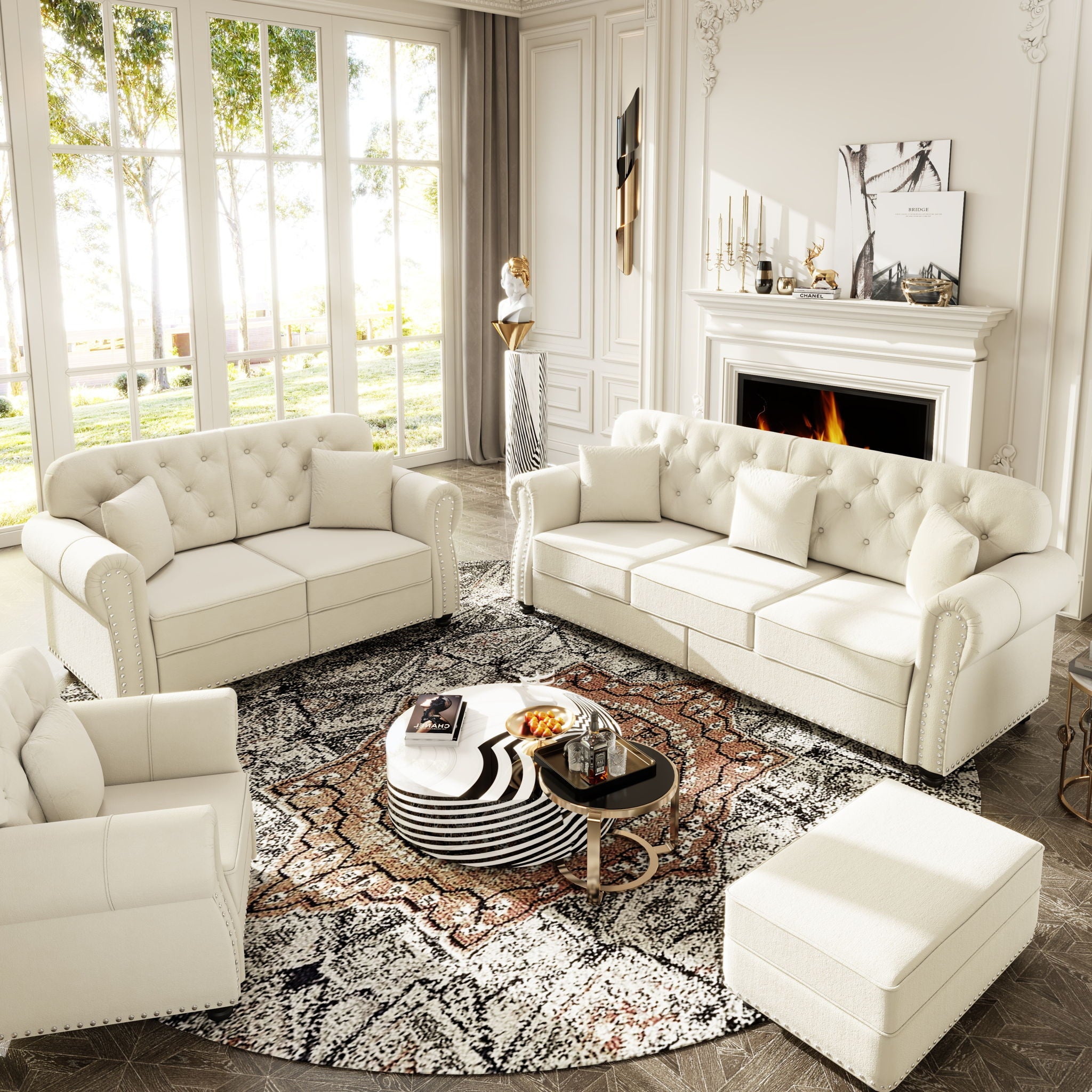 Upholstered Sofa Set With Nailhead Trim And Rolled Armrests, Includes Pillows