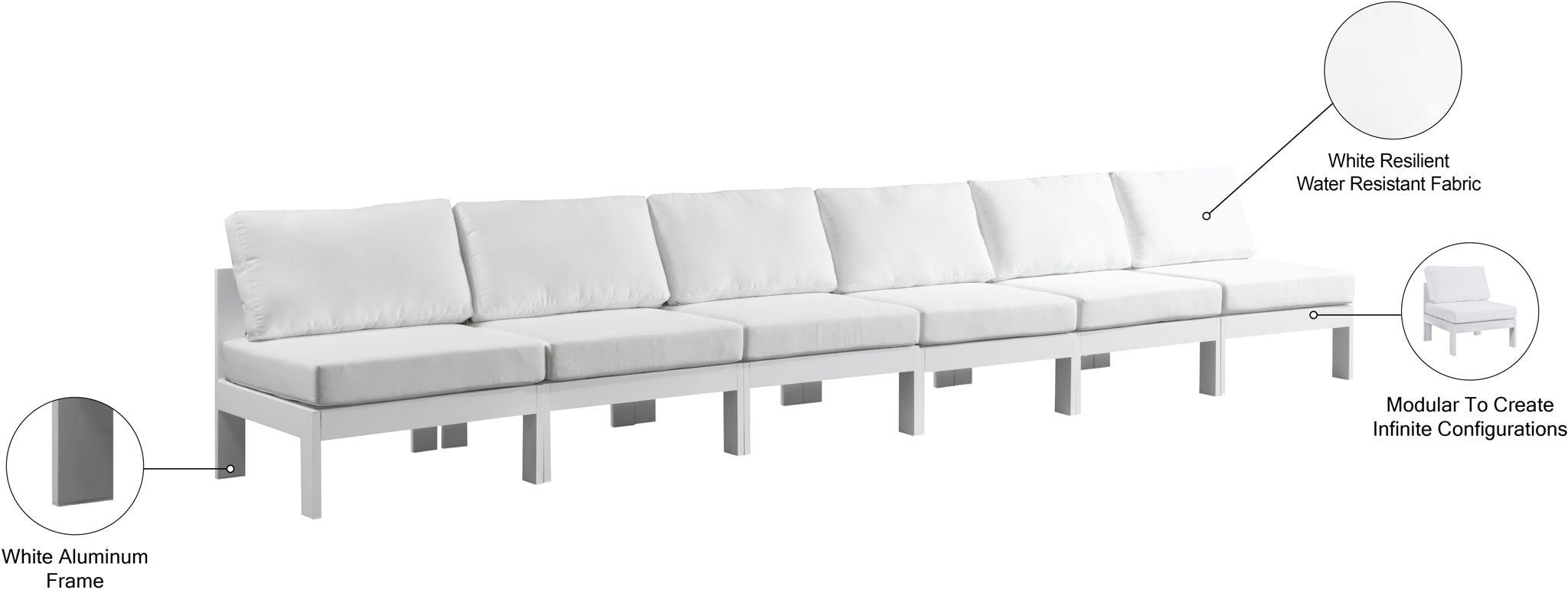 Nizuc - Outdoor Patio 6 Seat Armless Modular Sofa With White Frame