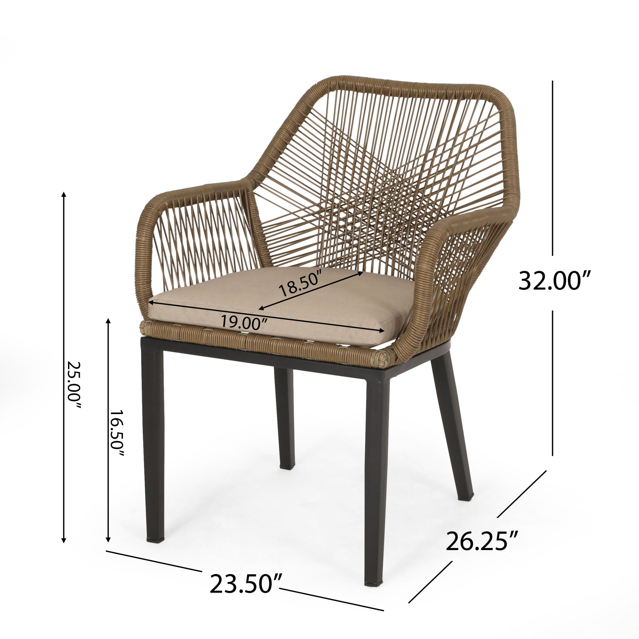 Modern Wicker Dining Club Chair With Water Resistant Cushions - Brown / Beige