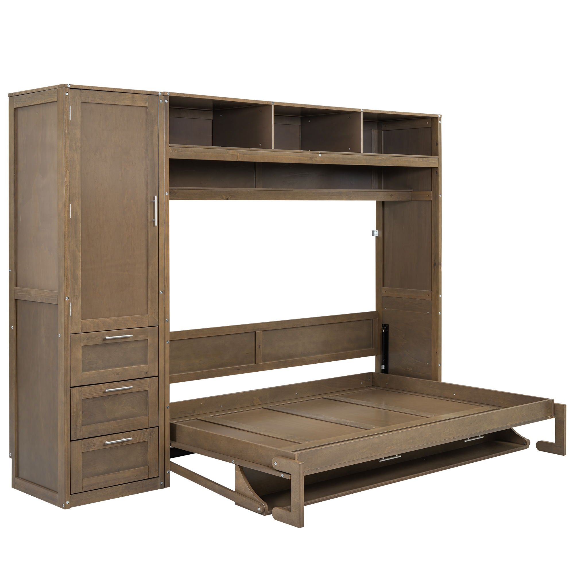 Full Size Murphy Bed With Wardrobe, Drawers, And Open Shelves - Wood