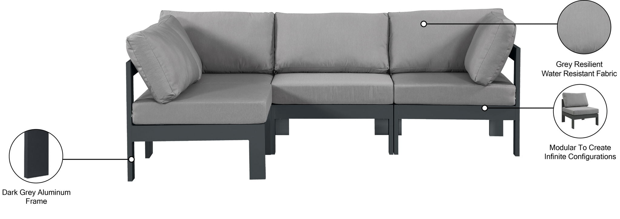 Nizuc - Outdoor Patio 4 Piece Modular Sectional With Gray Frame