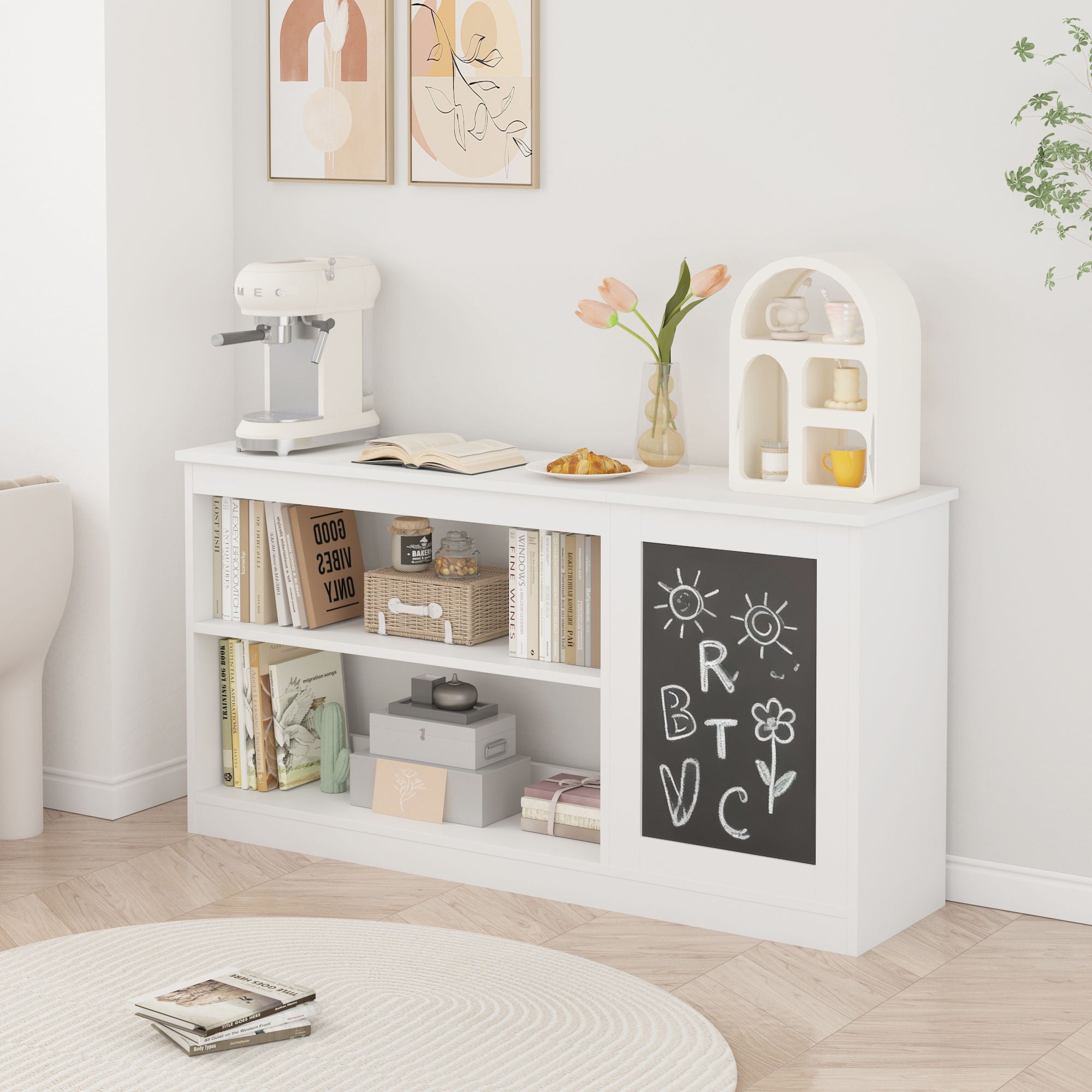 3 In 1 Bookshelf And Toy Storage Cabinet With Chalkboard, Organizer For Playroom Featuring And Spacious Storage - White