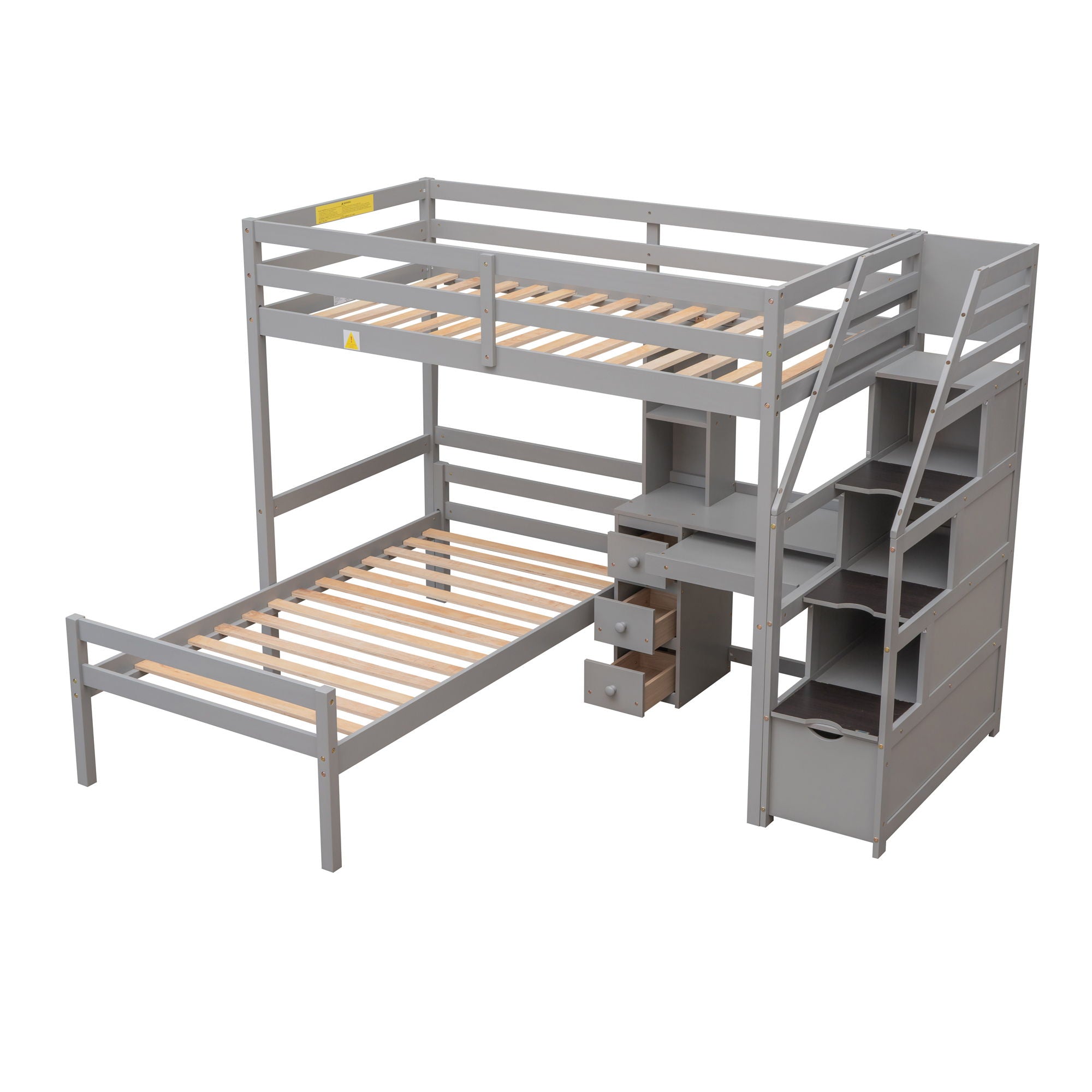 Loft Bed With Stand Alone Bed, Storage Staircase, Desk, Shelves, And Drawers