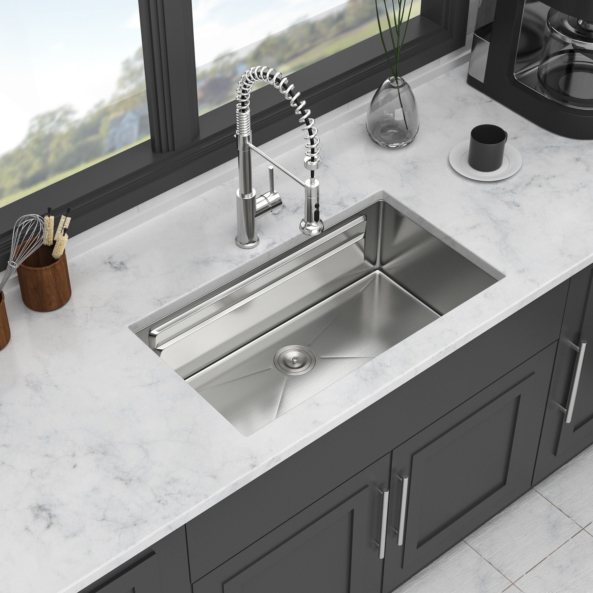 Undermount Kitchen Sink, Single Bowl With Ledge Workstation, 16 Gauge Stainless Steel - Brushed Nickel