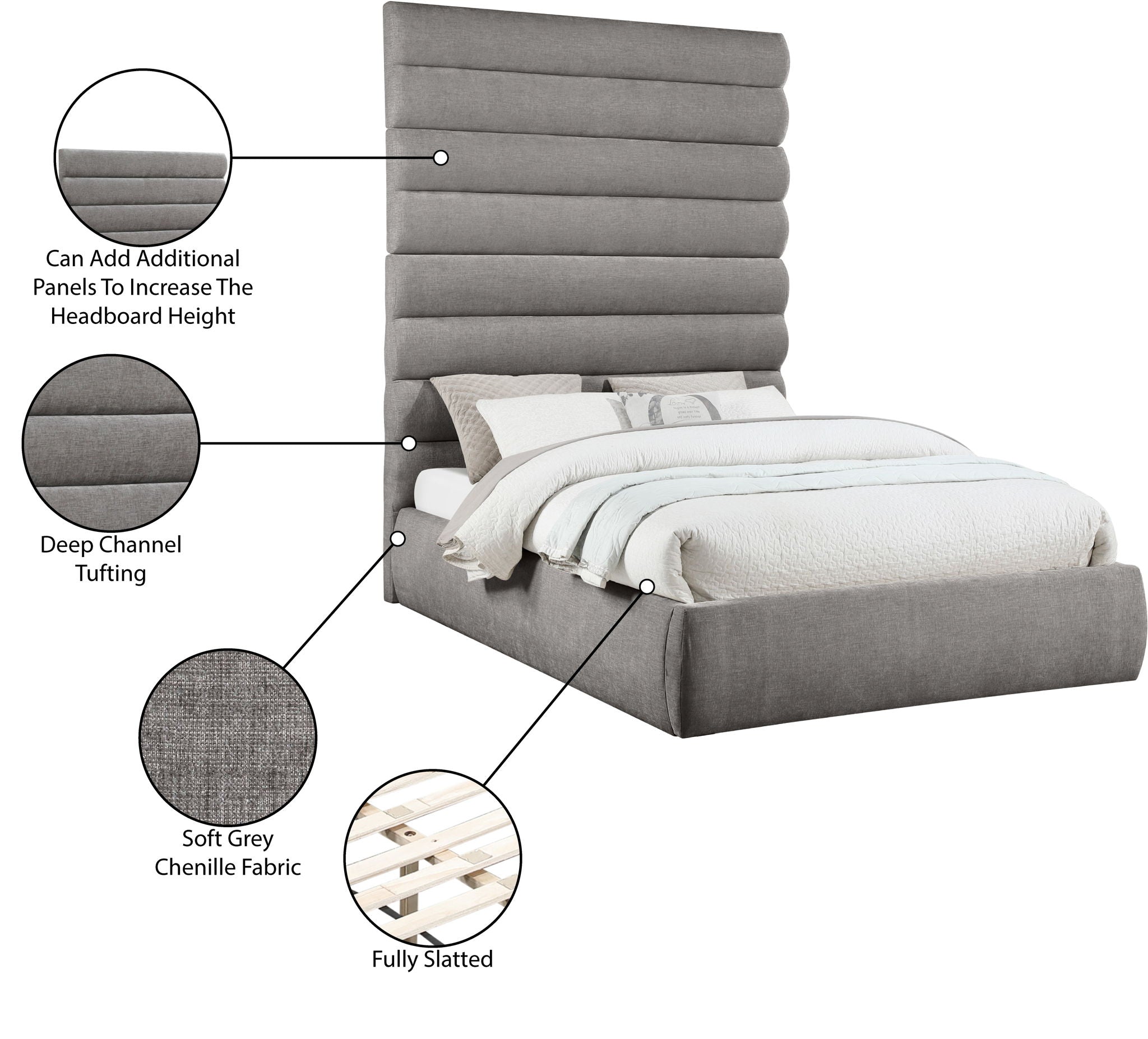 Adam - Chenille Fabric Bed With 89" Headboard