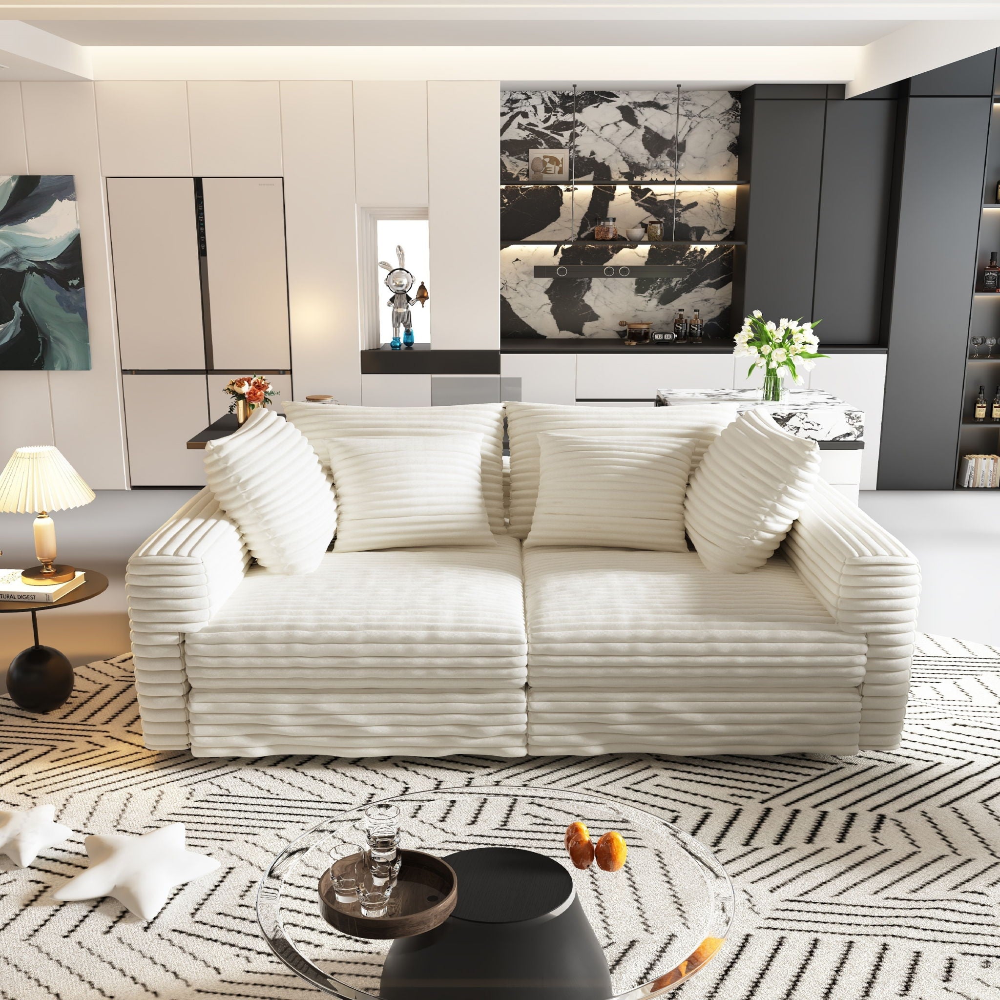 4 Seat Sofa With Soft Pillows And Movable Ottoman