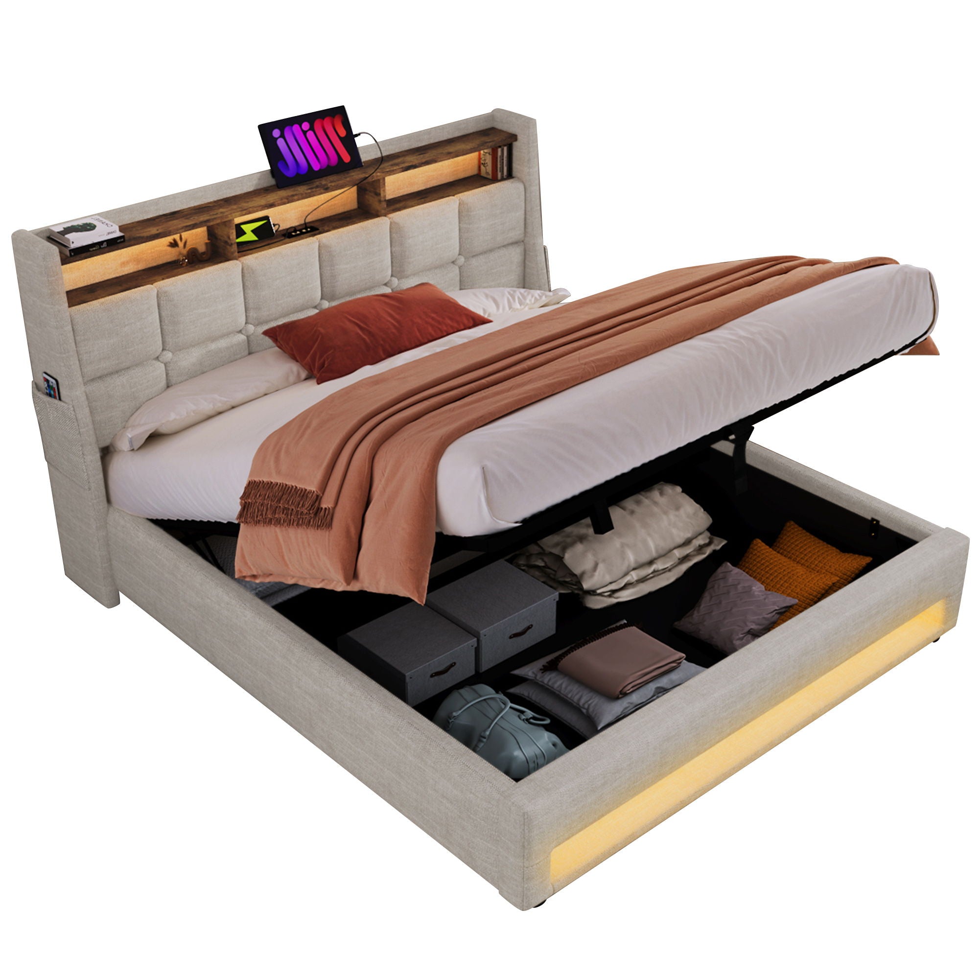 Upholstered Platform Bed With A Hydraulic Storage System, LED And USB Charging (Without Mattress)