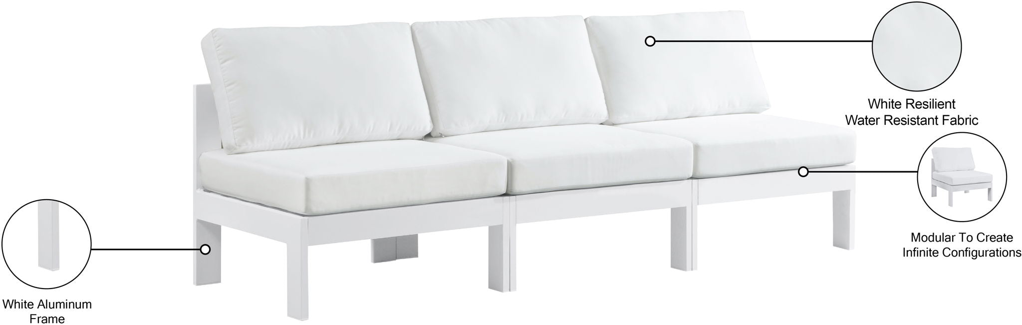 Nizuc - Outdoor Patio 3 Seat Armless Modular Sofa With White Frame
