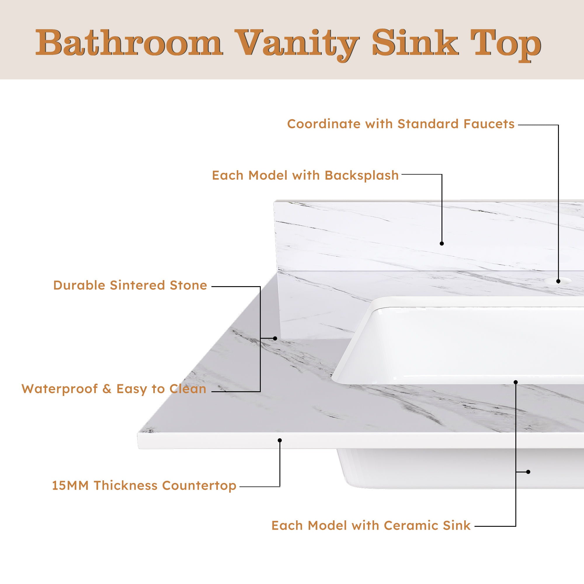 Bianco Carrara Venato Marble Vanity Top With Pre Drilled Faucet Hole And Undermount Sink