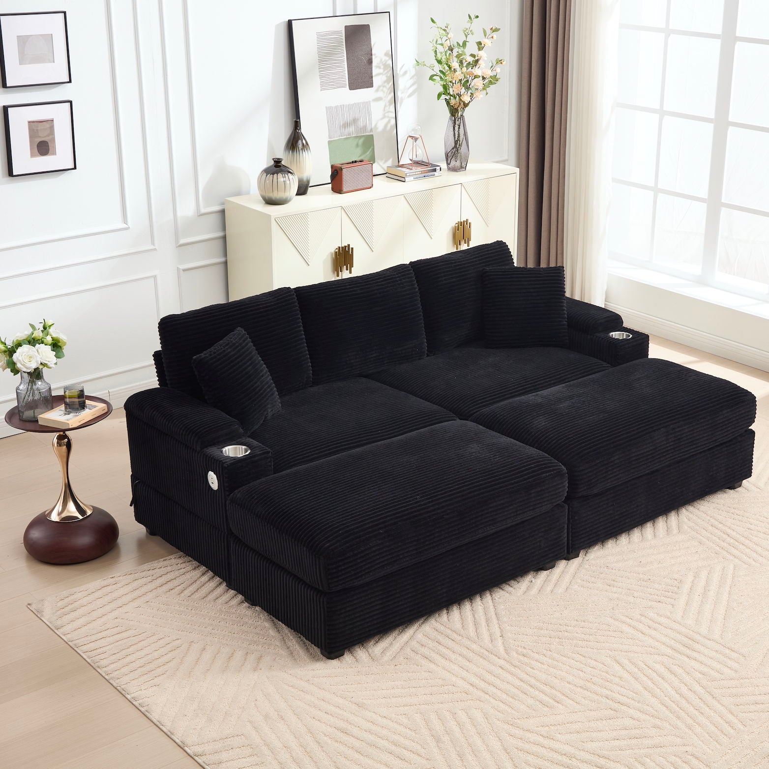 Convertible Sectional Sofa Bed Set With Armrest Storage, Cup Holder, USB - Black