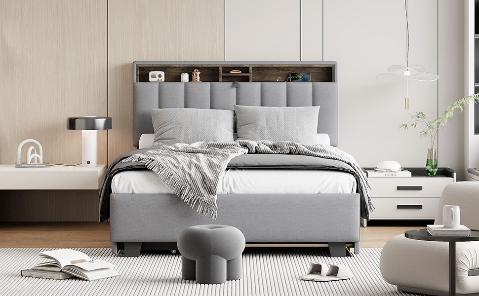 Upholstered Platform Bed With Storage Headboard, Trundle & 2 Drawers And A Set Of Sockets & USB Ports