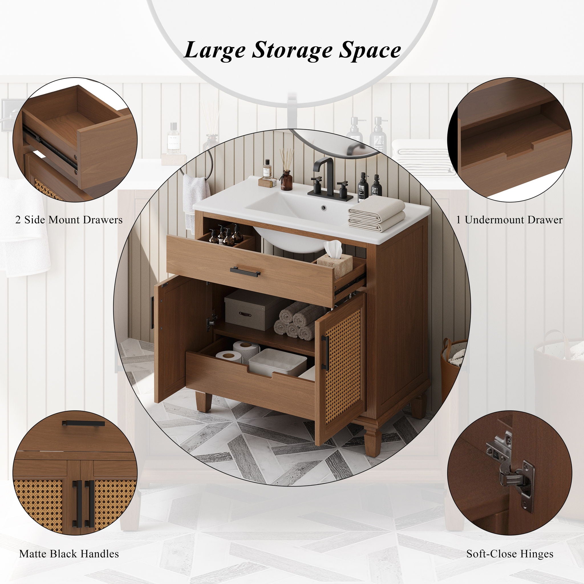 Bathroom Vanity With Ceramic Sink, Modern Free Standing Cabinet With Soft Close Drawers