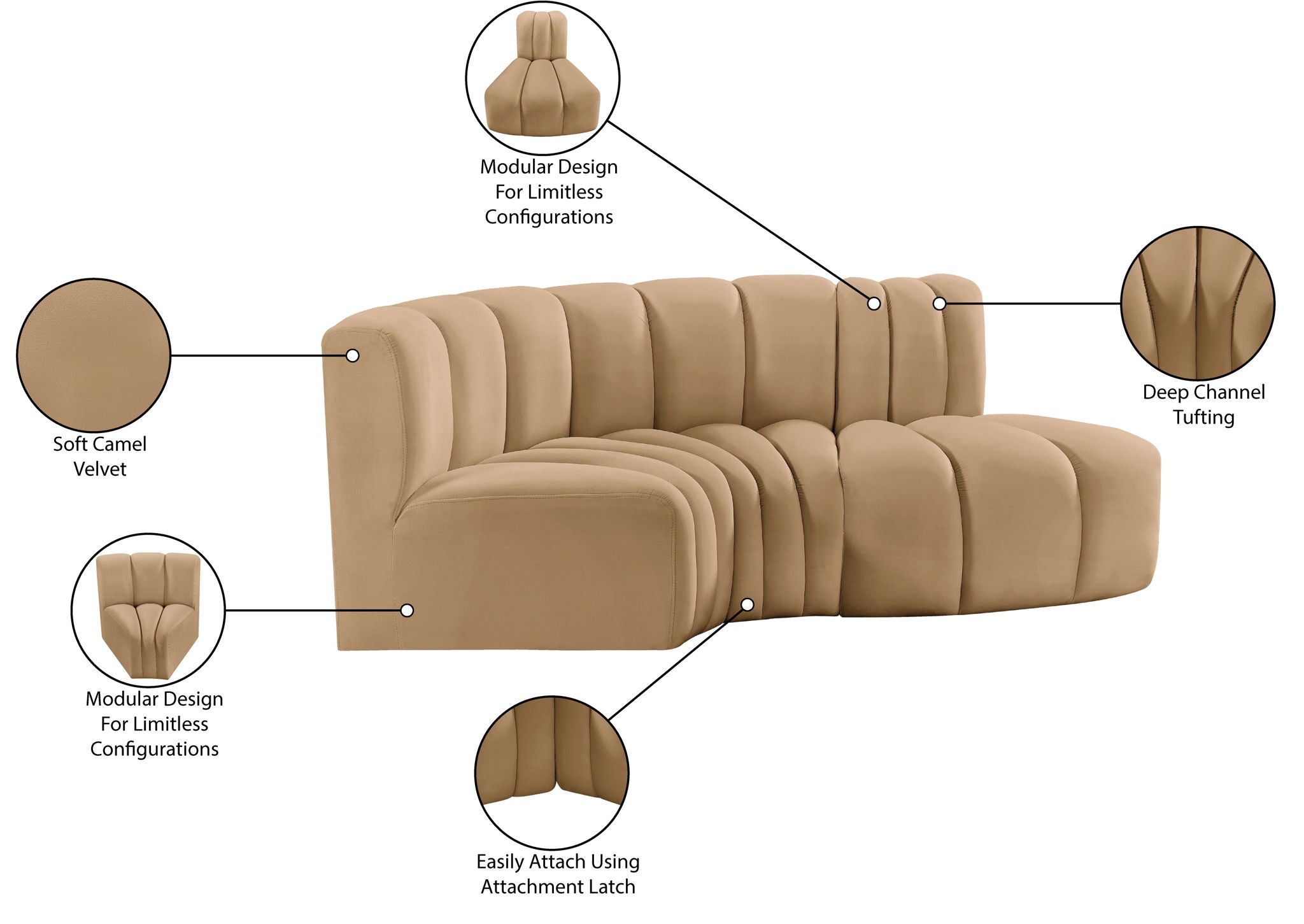 Arc - Velvet 3 Piece Modular L-Shaped Sofa