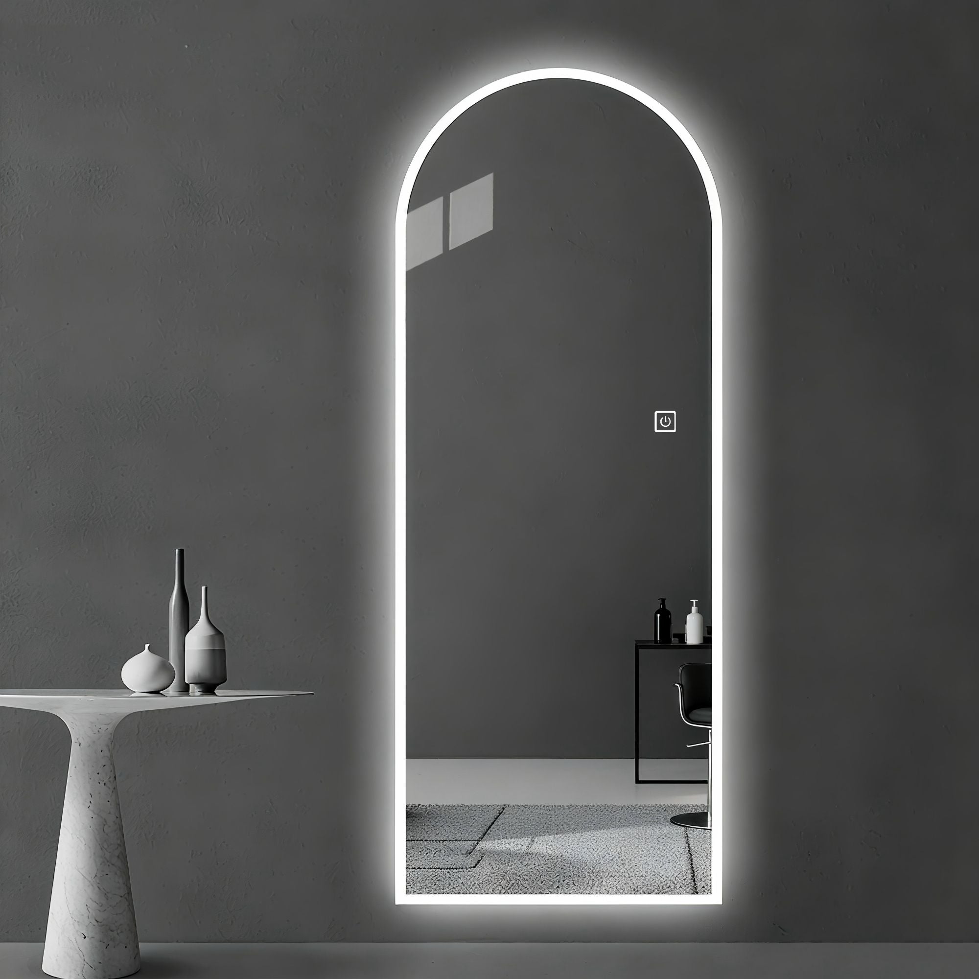 LED Full Length Wall Mirror With Symmetrical Arch Design, Dimmable 3 Color Temperature Lighting - Silver