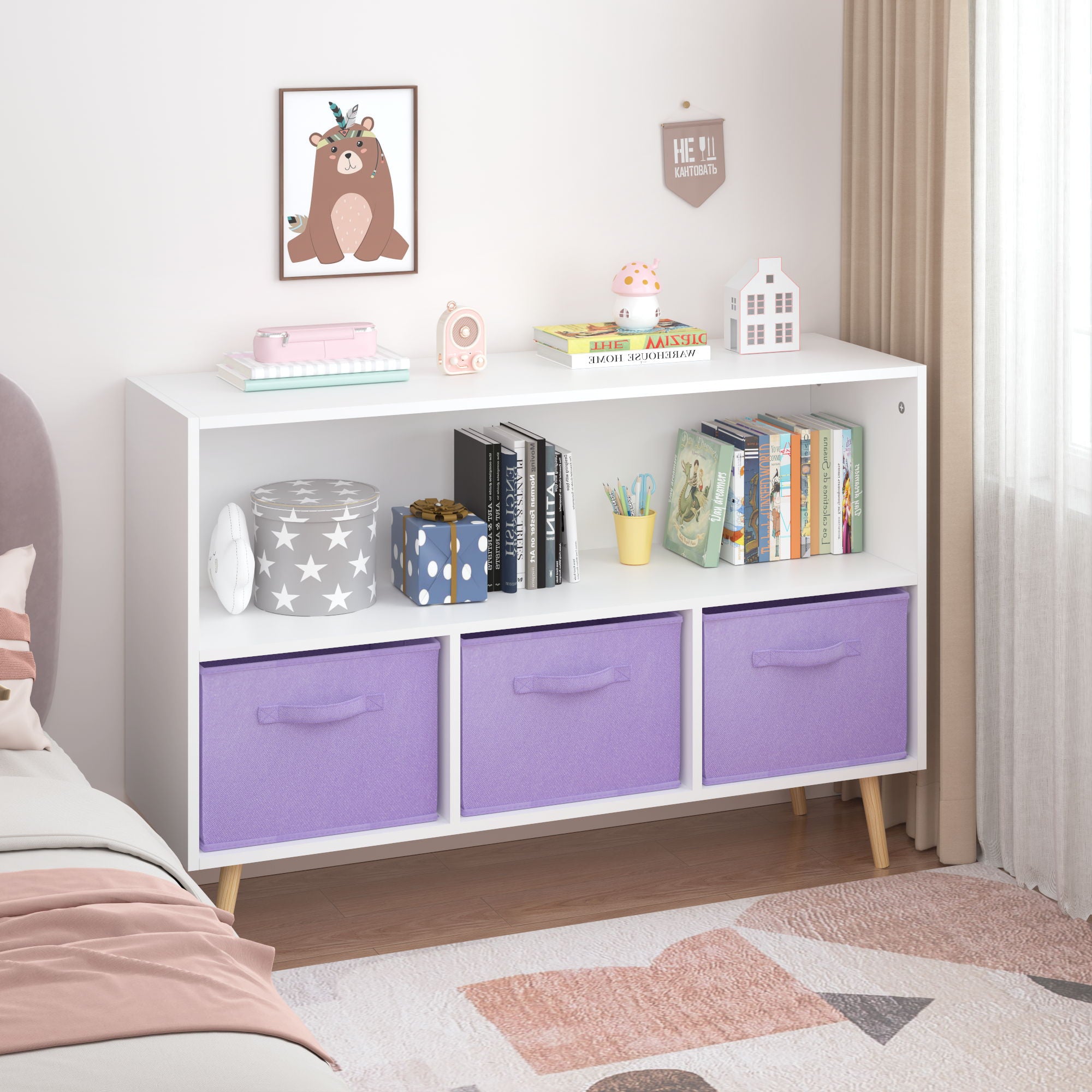 Bookcase With Collapsible Drawers, Book Display Organizer