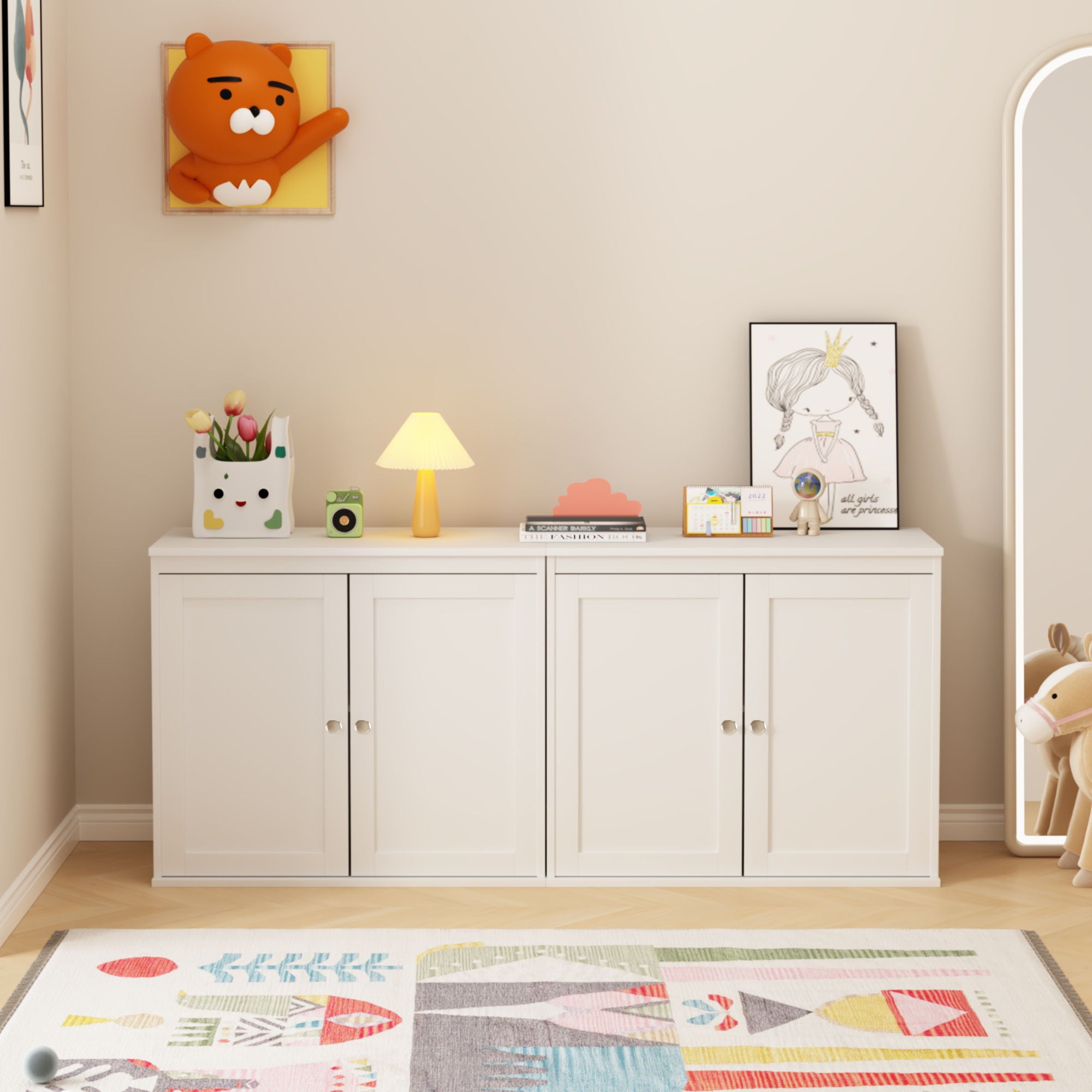 Kitchen Storage Cabinet With Double Doors, Adjustable Shelves, Sideboard Buffet For Dining Room - White