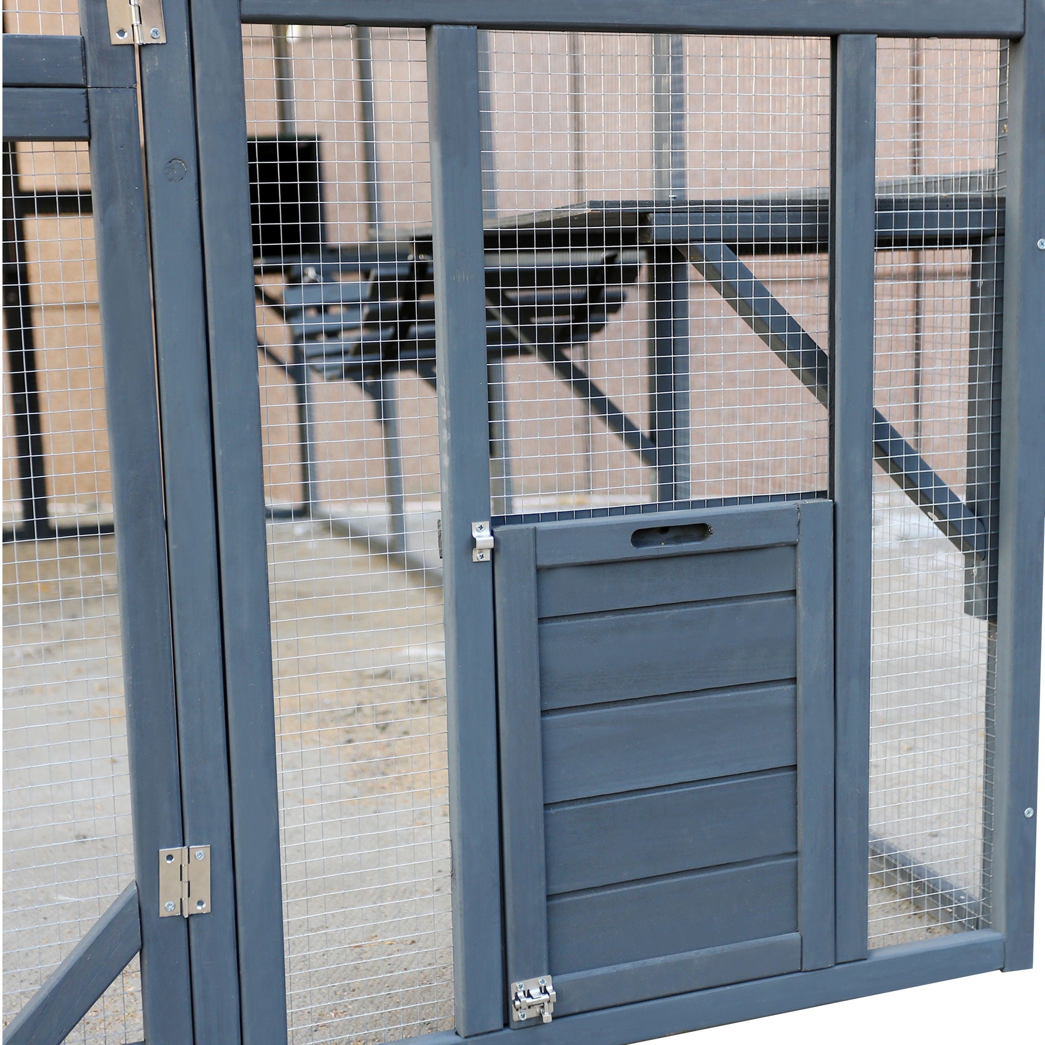 Spacious Wooden Cat Catio Outdoor Kitty House With Bridges And Roof Cover - Gray