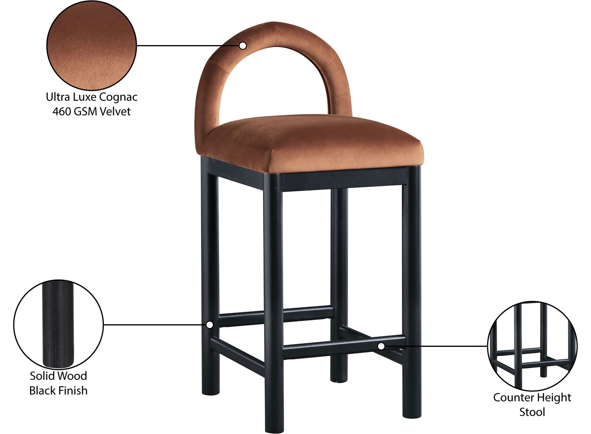 Conrad - Velvet Counter Stool With Black Legs