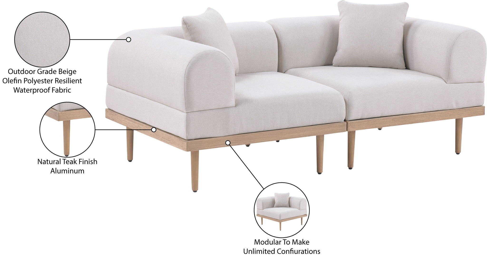 Laguna - 2 Piece Resilient Water Resistant Fabric 71" Upholstered Outdoor Patio Modular Loveseat