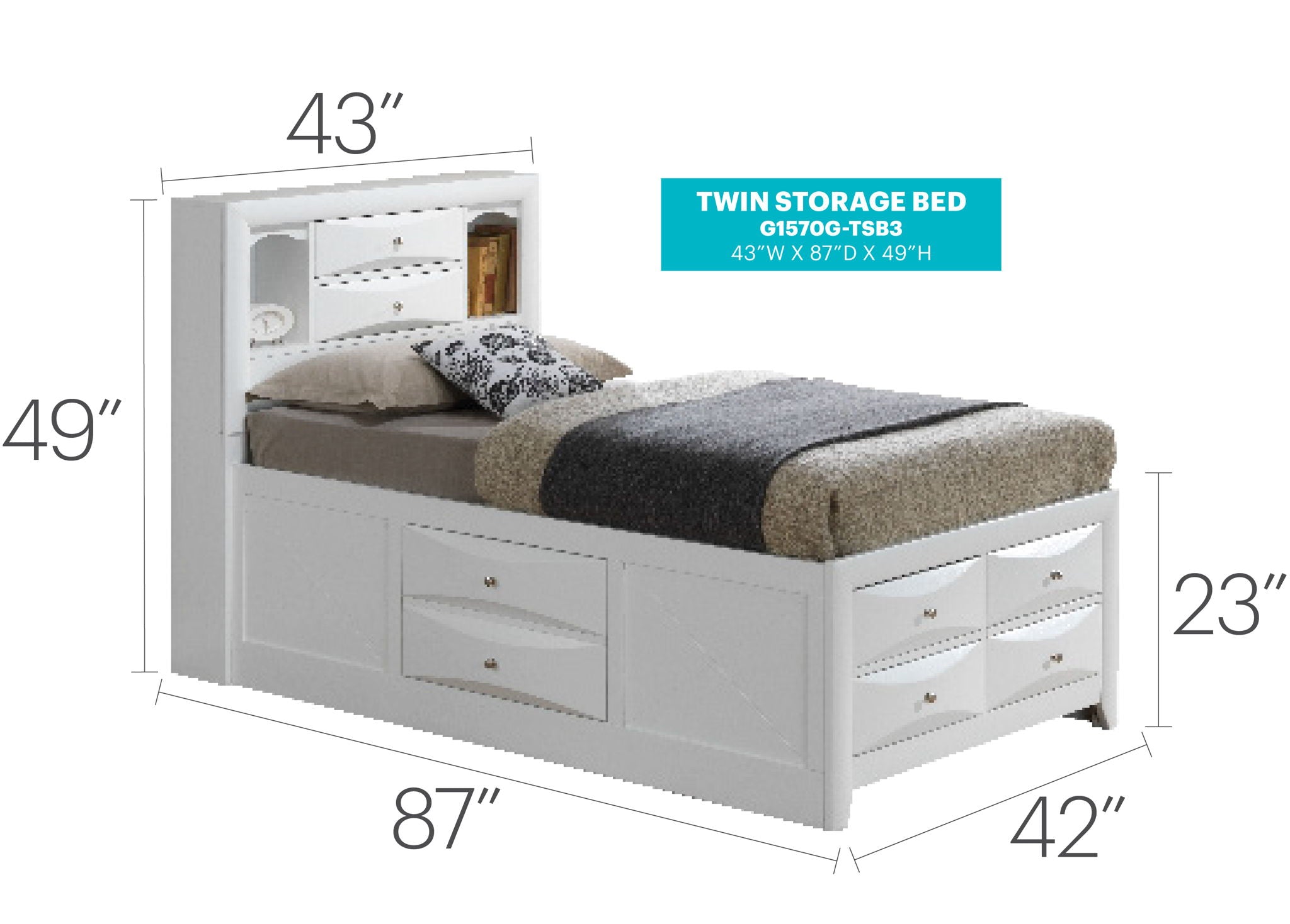Modern Design Storage Bed With Bookcase Headboard