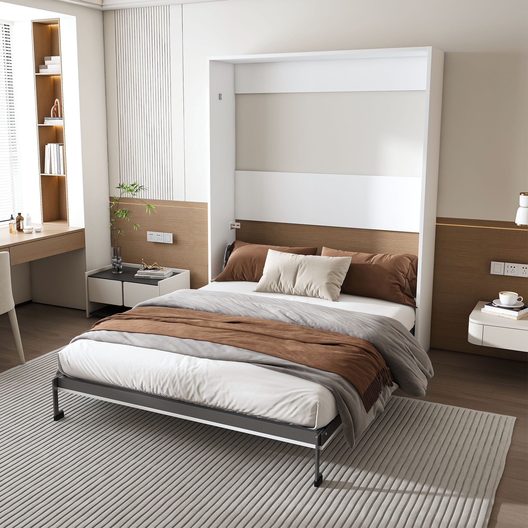 Queen Murphy Bed, Foldable Wall Bed, Space Saving Design For Bedrooms - White