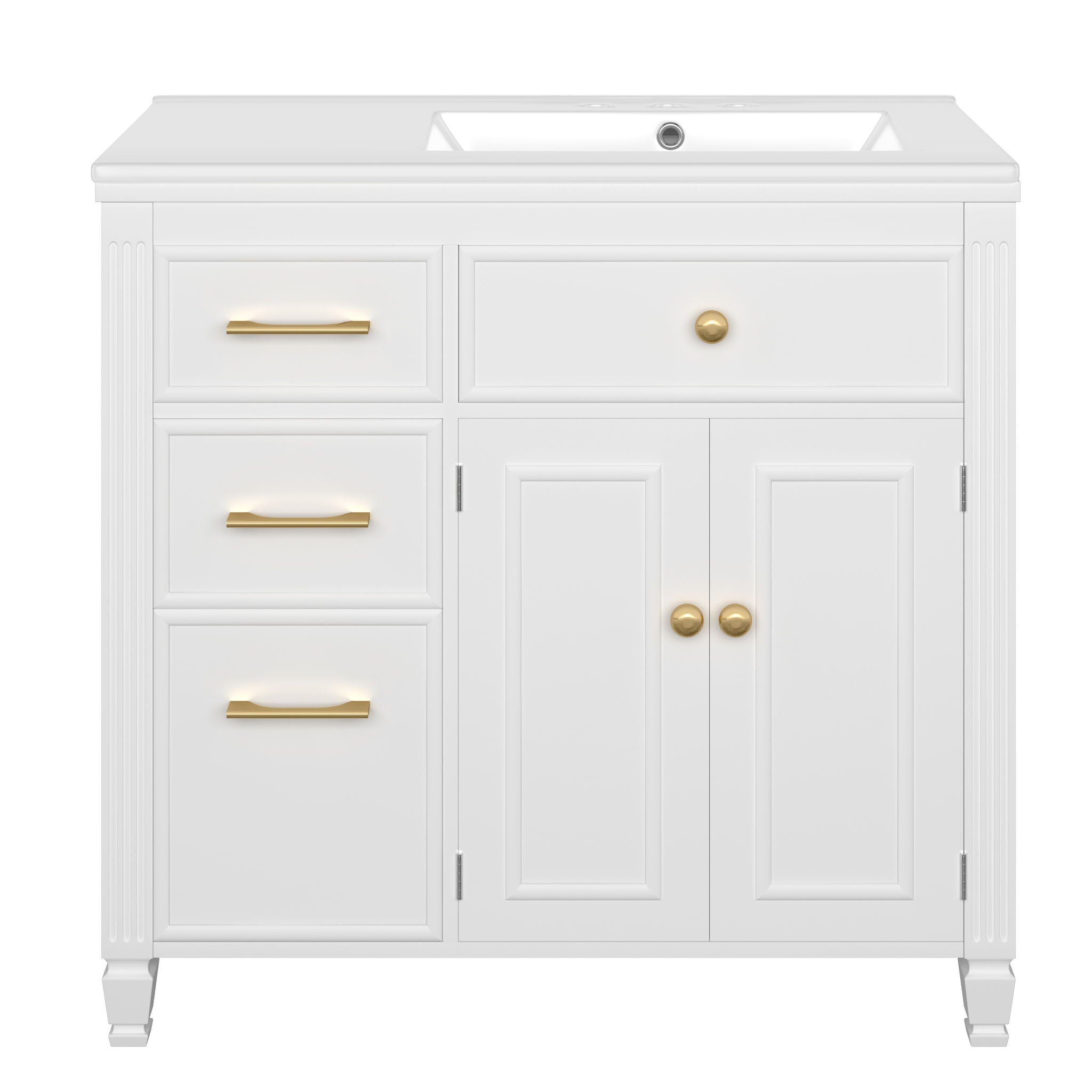 Modern Bathroom Vanity With Ceramic Sink, Freestanding, One Tip Out Drawer, 3 Side Drawers, Adjustable Shelf