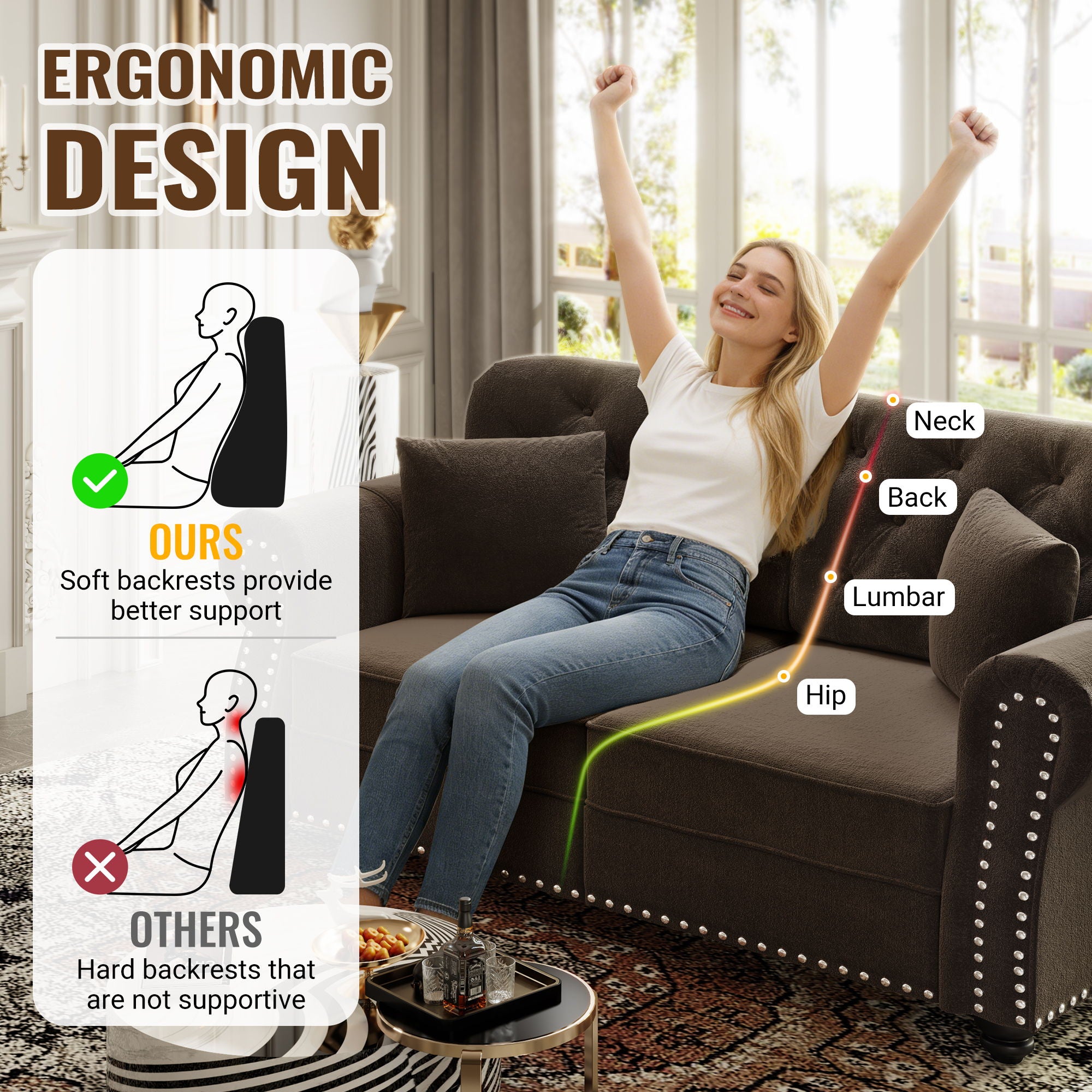 Upholstered 3 Seater Sofa Set With Ottoman