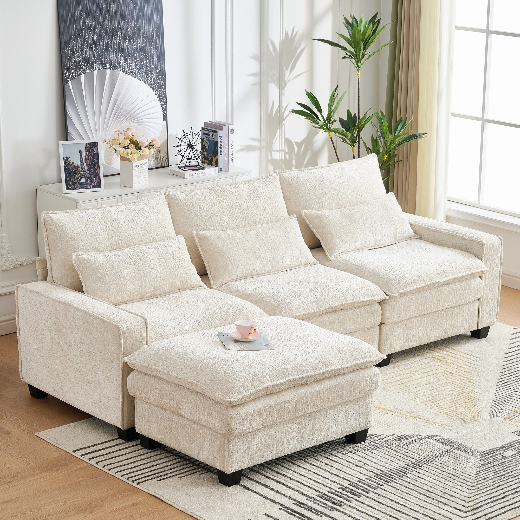 Modern Comfy L Shaped Sectional Sofa With Movable Ottoman