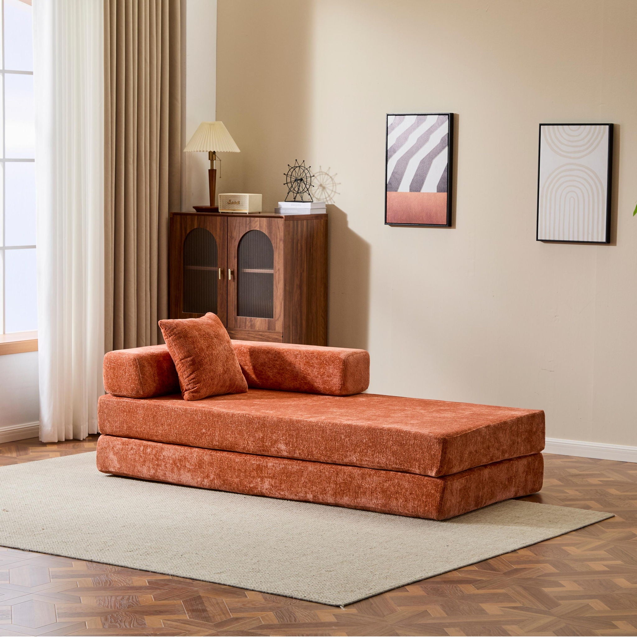 Convertible Floor Sofa Bed With Pillow Back Support Armrest