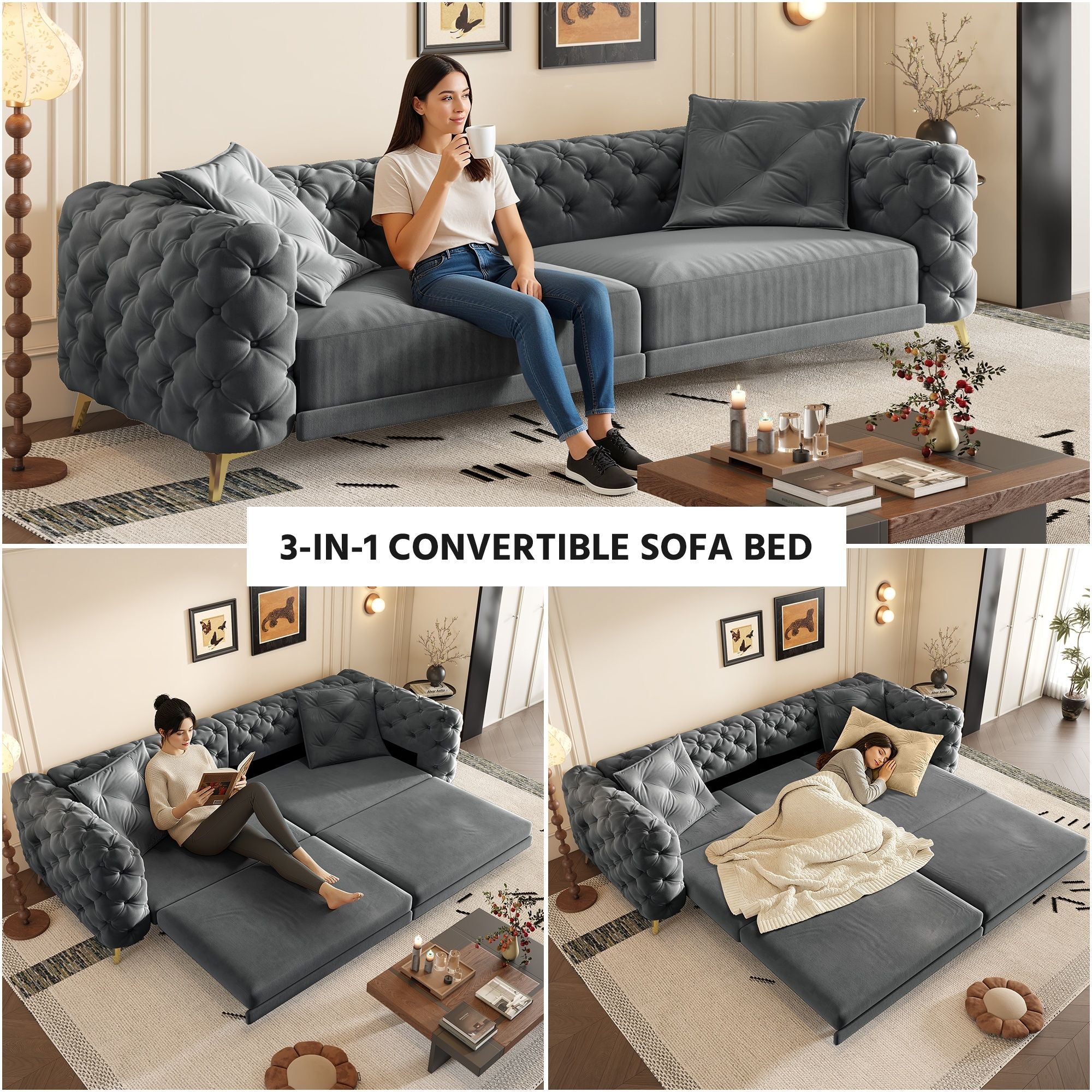 3 In 1 Convertible Sleeper, Deep Seat Pull Out Sofa Bed, Button Tufted