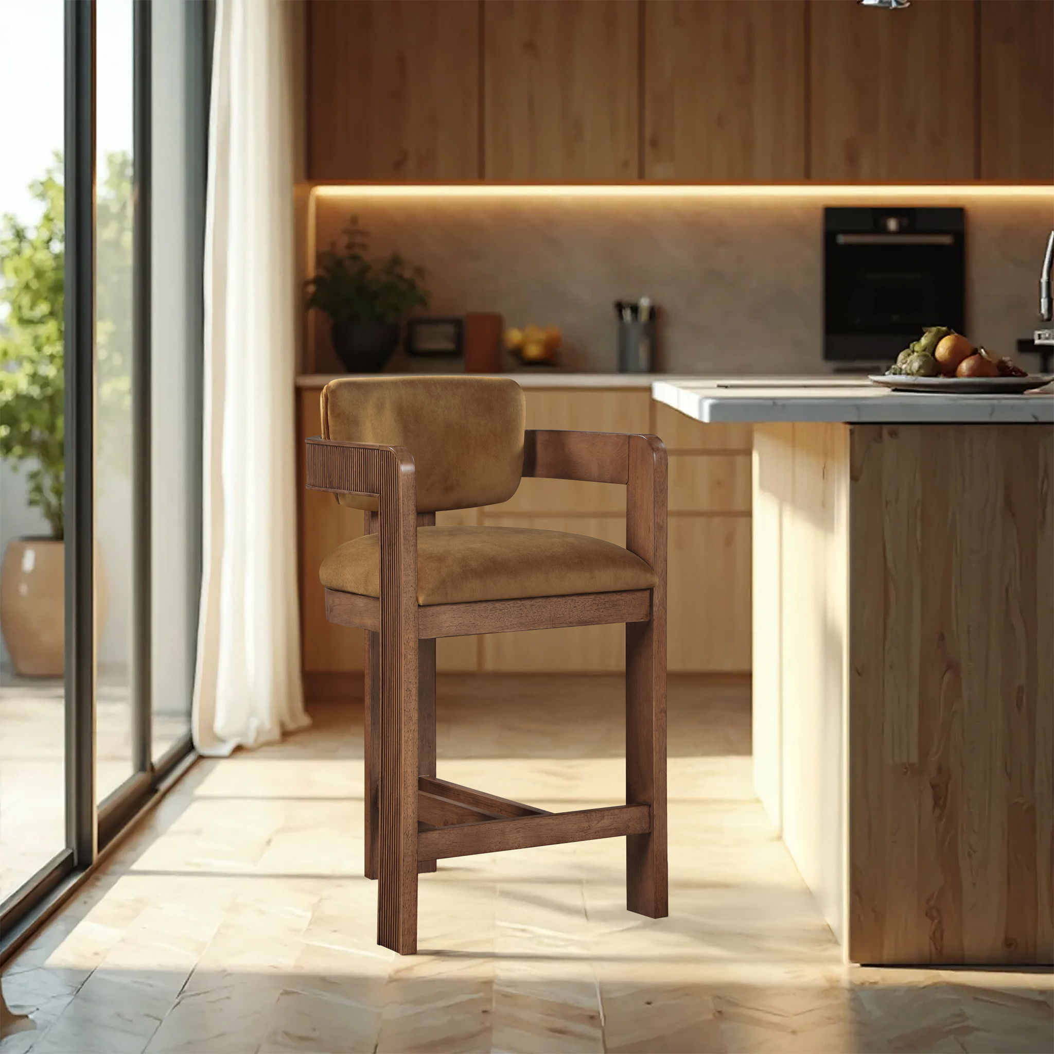 Sacha - Velvet Stool With Brown Base