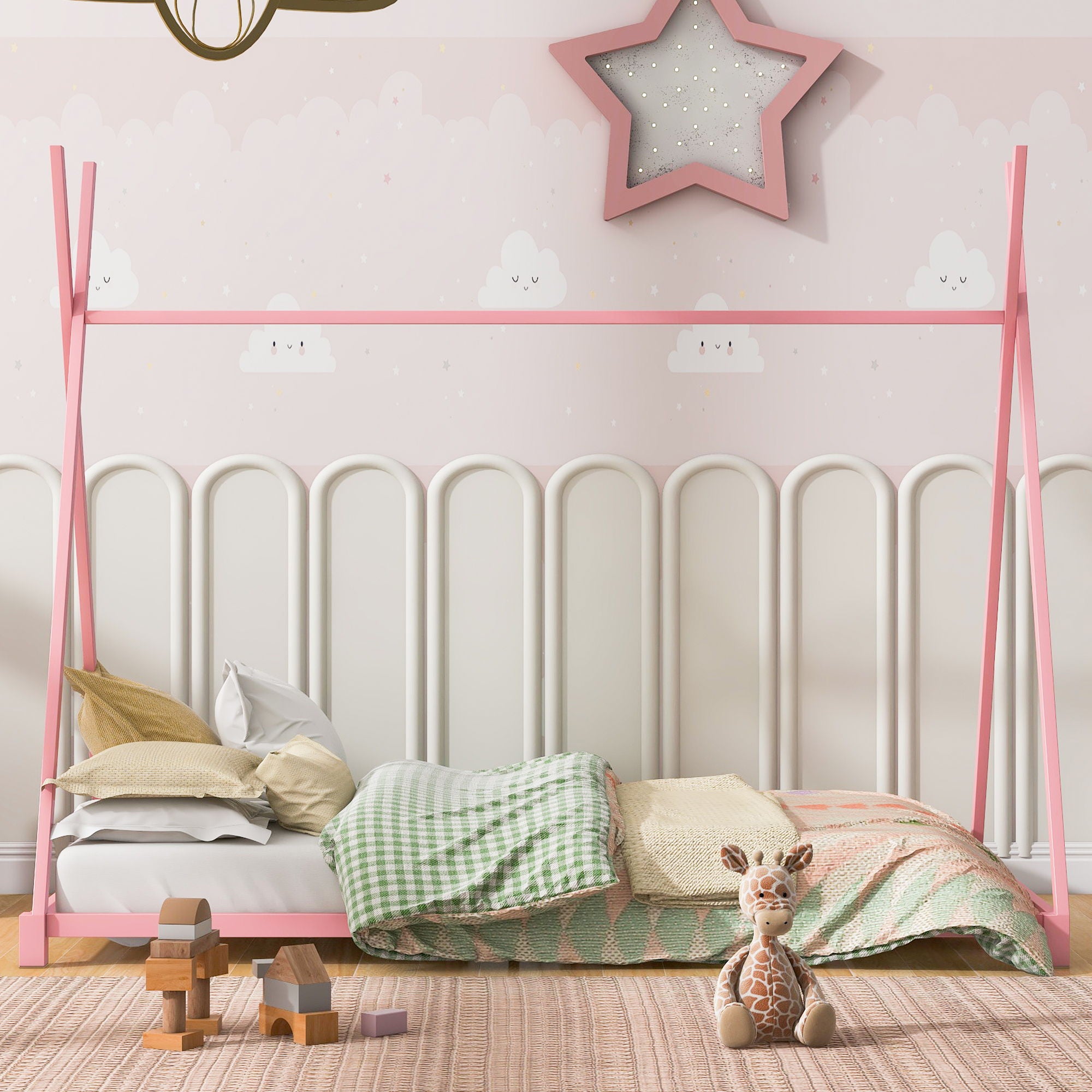 Metal House Platform Bed With Triangle Structure, Low Profile Design