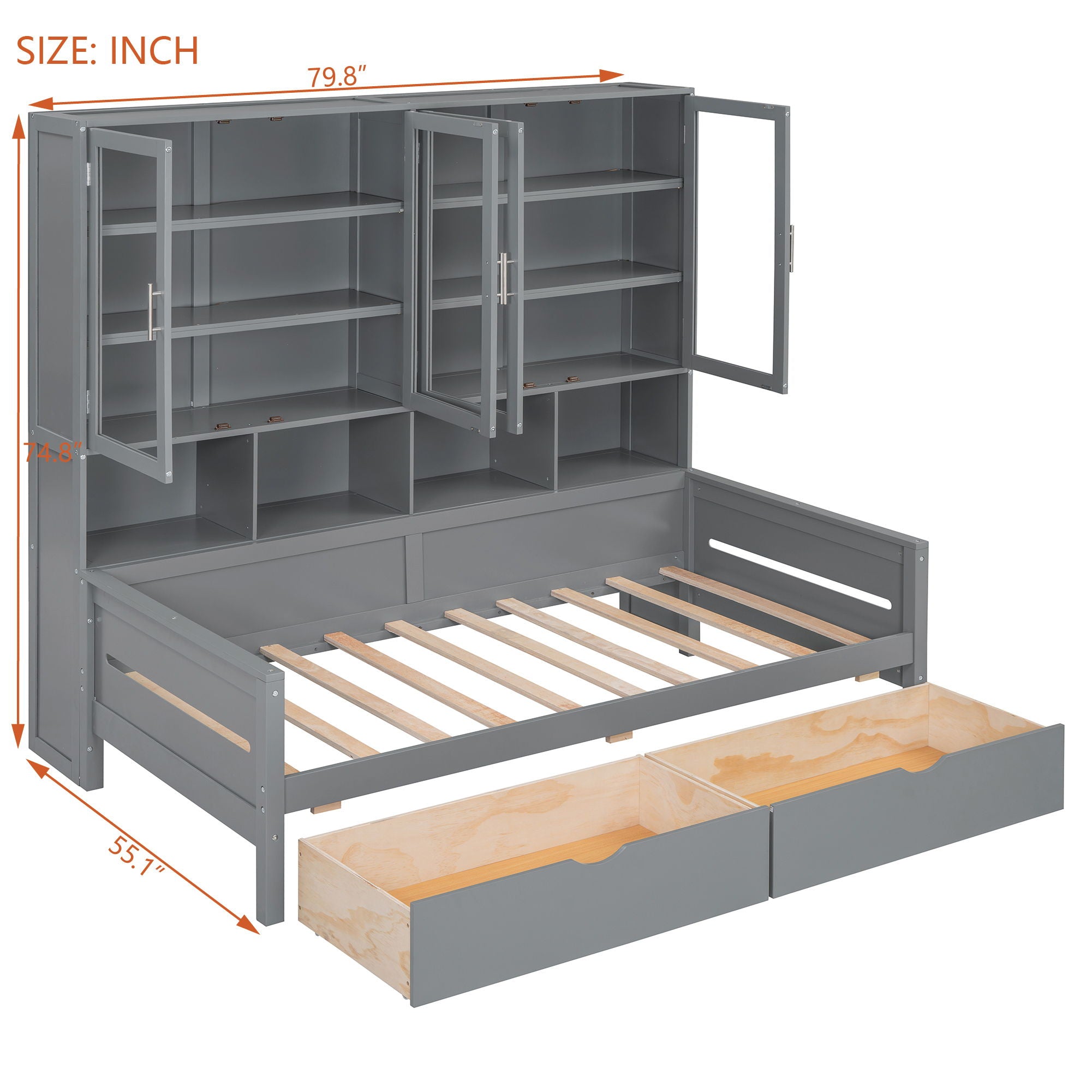 Daybed With Glass Door Storage Cabinets, Built In LED Lighting And Shelves