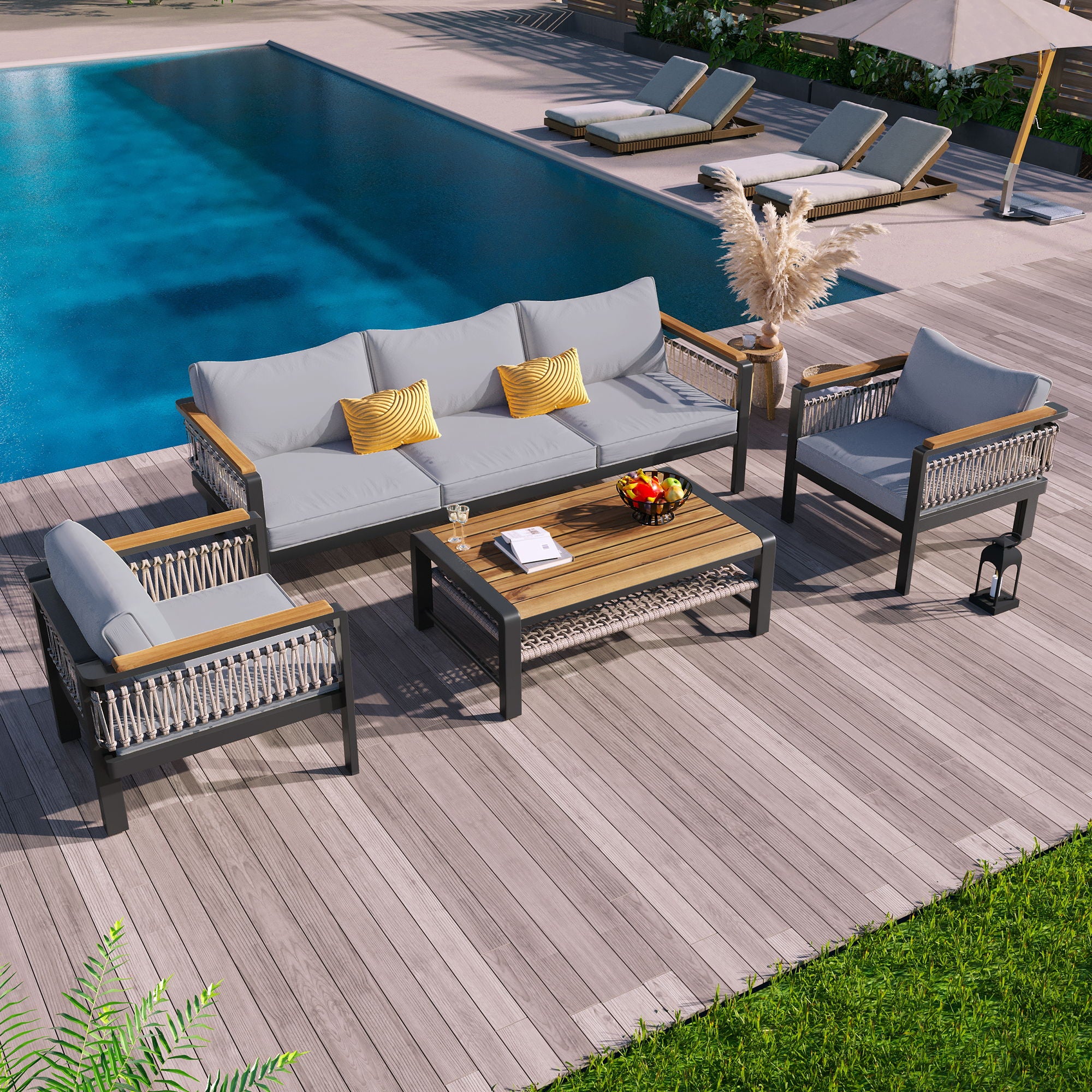 4 Pieces Outdoor Sectional Sofa Set 5 Person Patio Seating Group Outdoor Conversation Set With Cushions And A Coffee Table For Patios