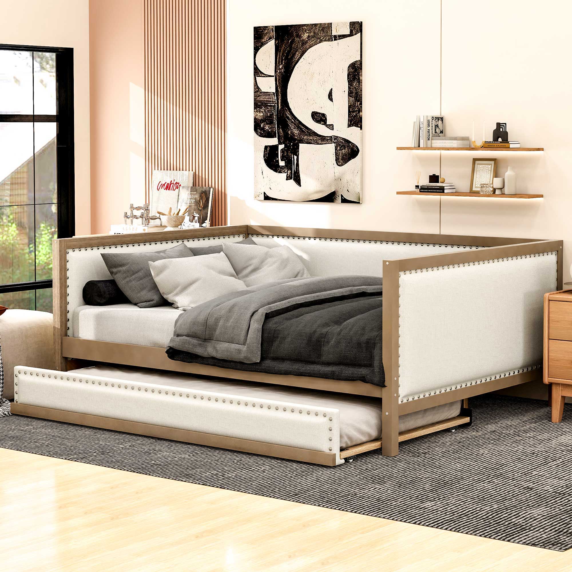 Full Size Daybed With Trundle And Nailhead Decoration - Wood