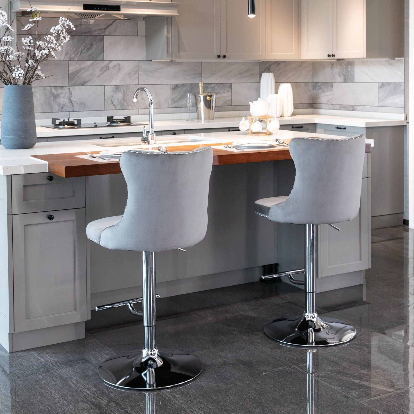 Swivel Barstools Adjusatble Seat Height From 25-33", Modern Upholstered Base Bar Stools With Backs Comfortable Tufted For Home Pub And Kitchen Island (Set of 2)