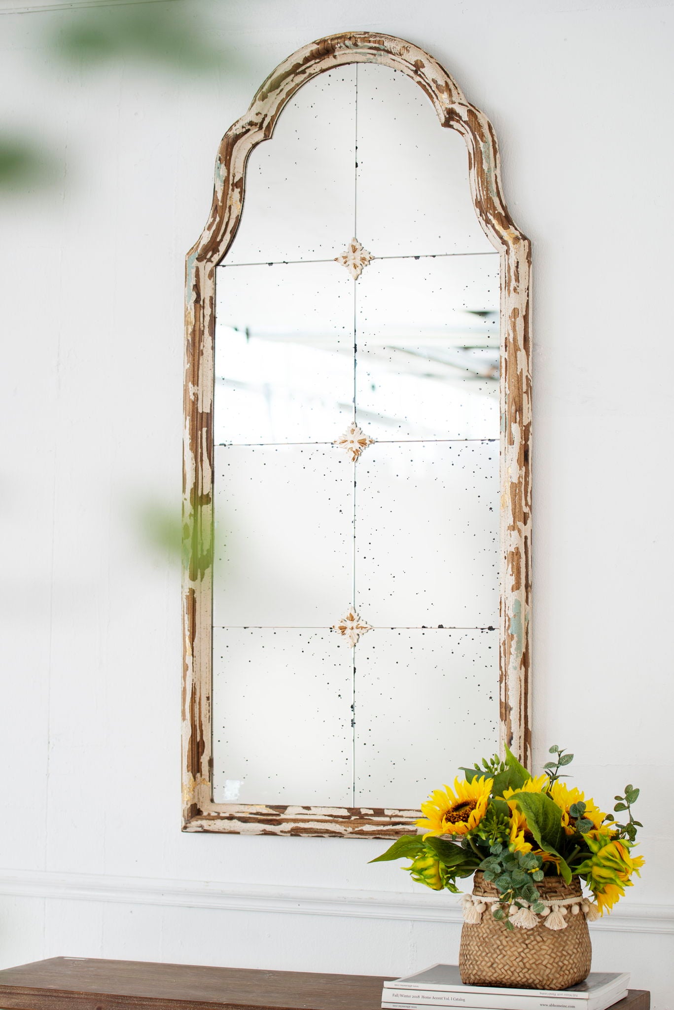 Large & Framed Wall Mirror, Arched Mirror With Decorative Window Look For Living Room - Cream