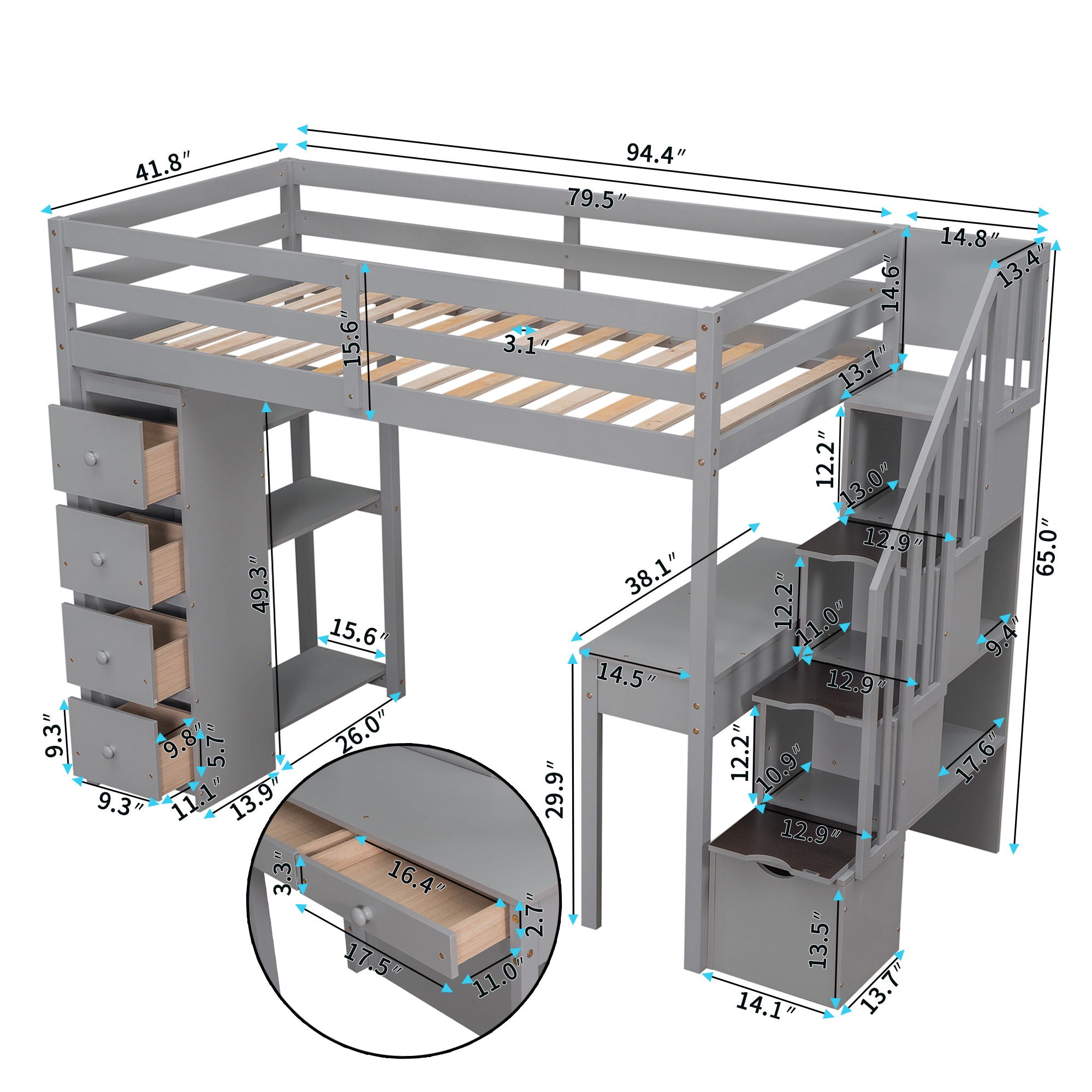 Loft Bed With Storage Drawers, Desk And Stairs With Shelves
