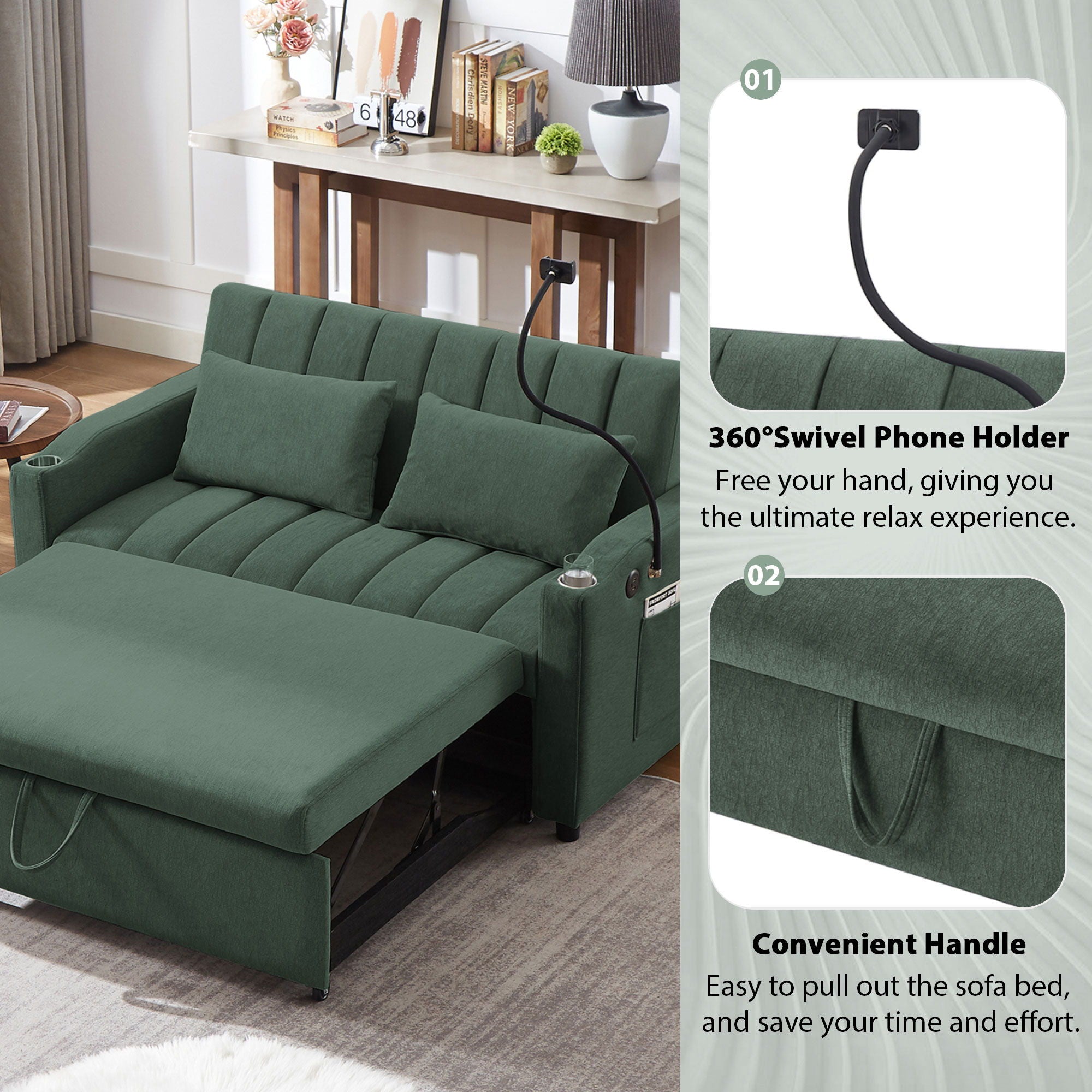 Convertible Sofa Bed Loveseat Sofa With Three USB Ports, Two Side Pockets, Two Cup Holders And 360° swivel Phone Holder For Living Room
