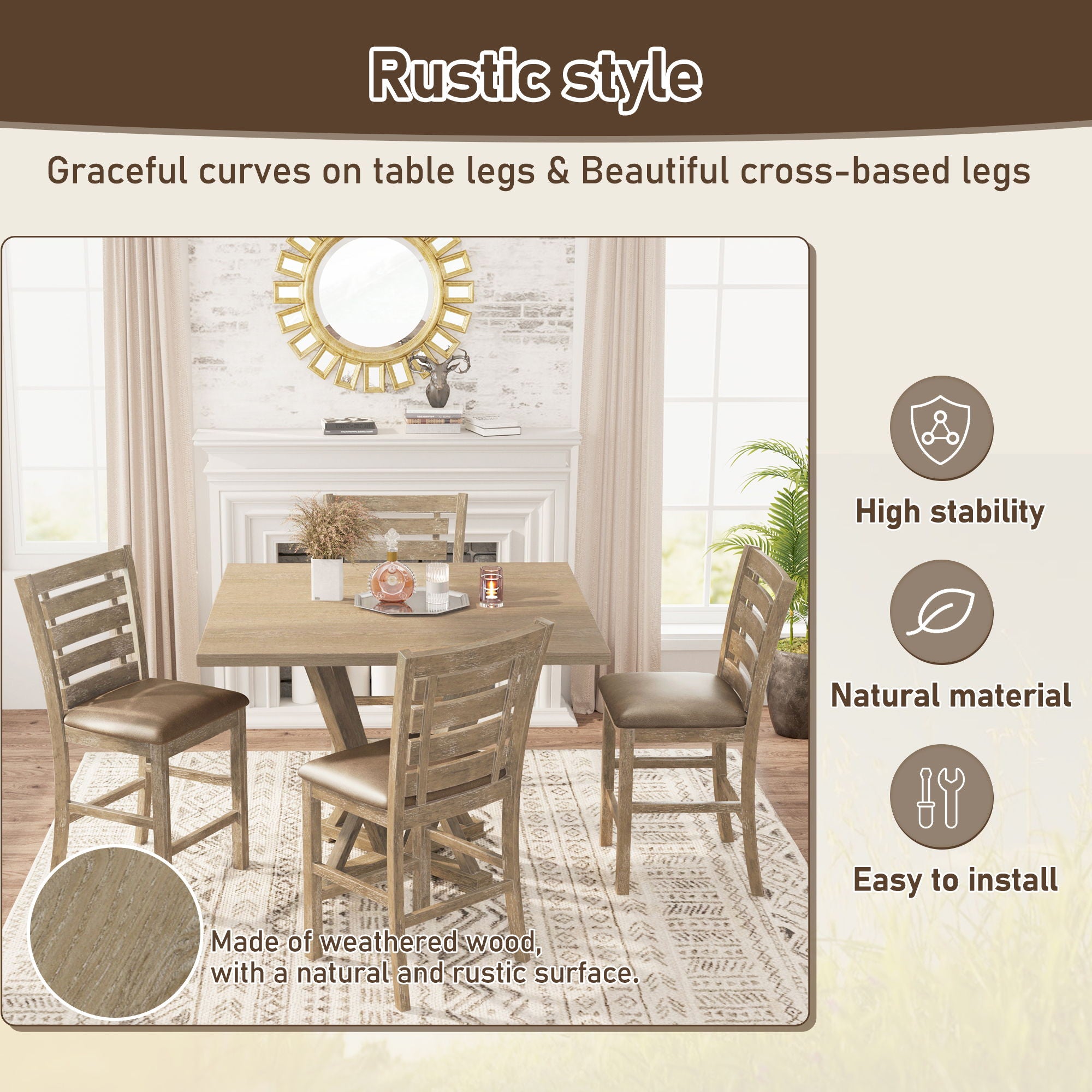 Dining Counter Height Chairs Modern Farmhouse Rustic Look Distressed Design Ladderback Solid Wood (Set of 2) - Grayish Brown