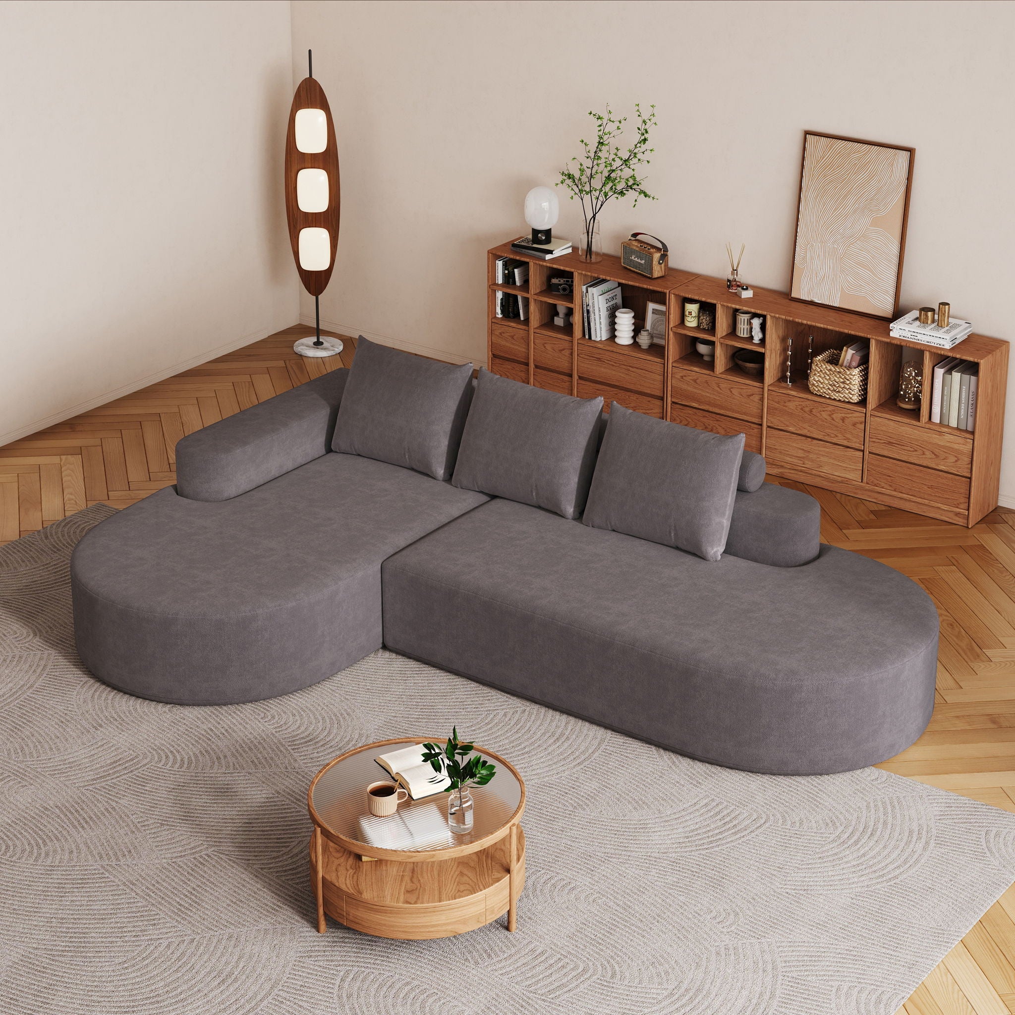 Modern Curved Sofa, L-Shaped Modular Sectional Set With 3 Pillows