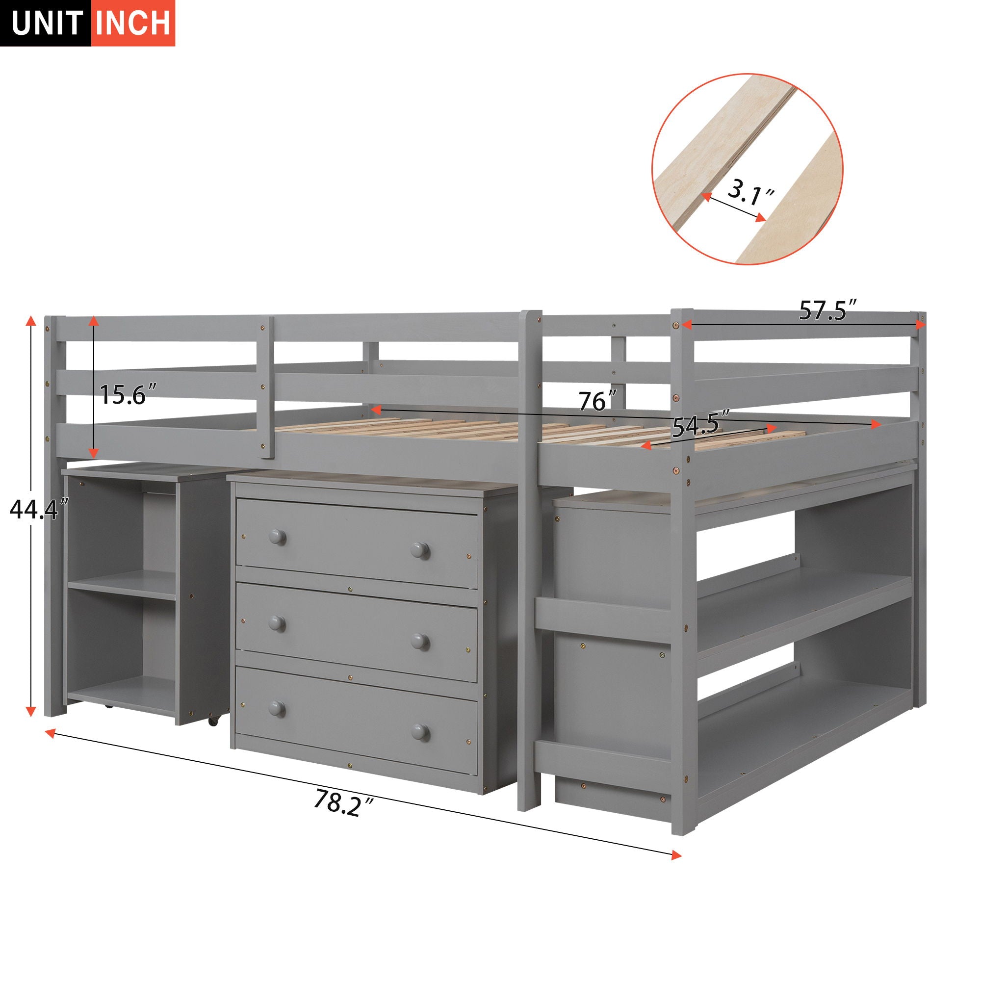 Loft Low Study Bed With Cabinet, Shelves And Rolling Portable Desk, Multiple Functions