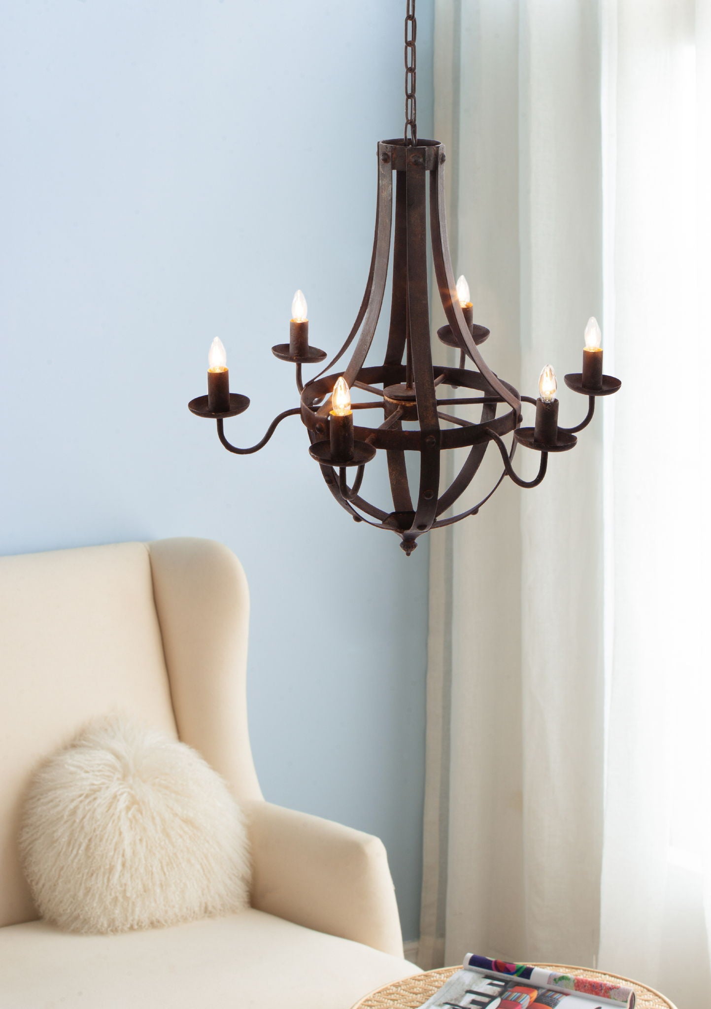 6 Light Metal Chandelier, Hanging Light Fixture With Adjustable Chain For Kitchen, Bulb Not Included - Black
