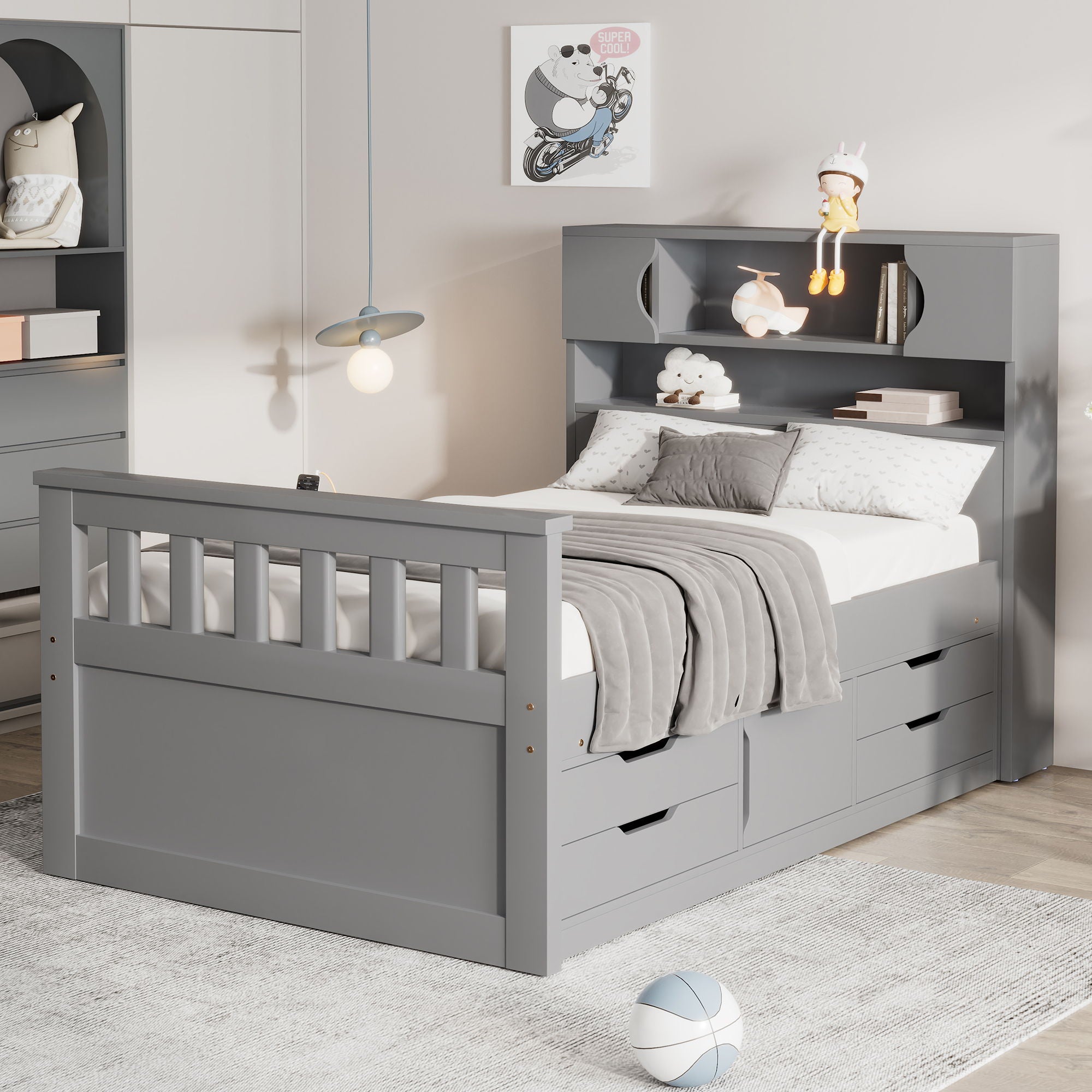Captain Platform Bed Frame With Storage Bookcases, Shelves, And 4 Drawers