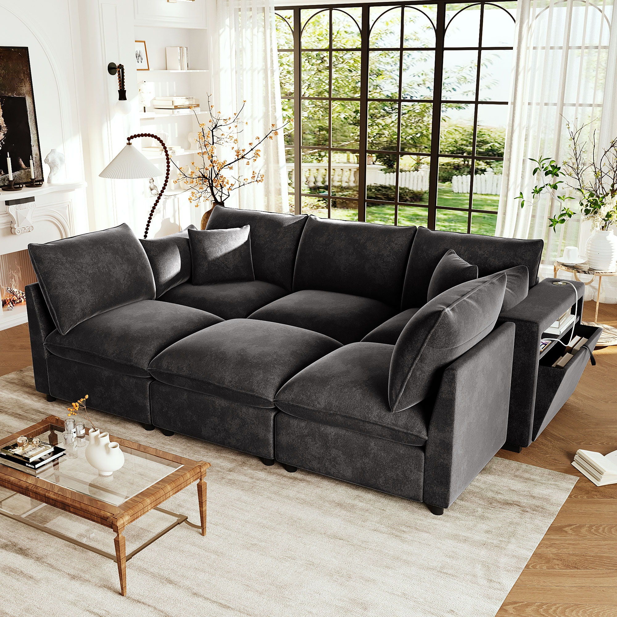 Modern Sectional Sofa U-Shaped With Movable Ottoman Storage Armrests And USB Ports