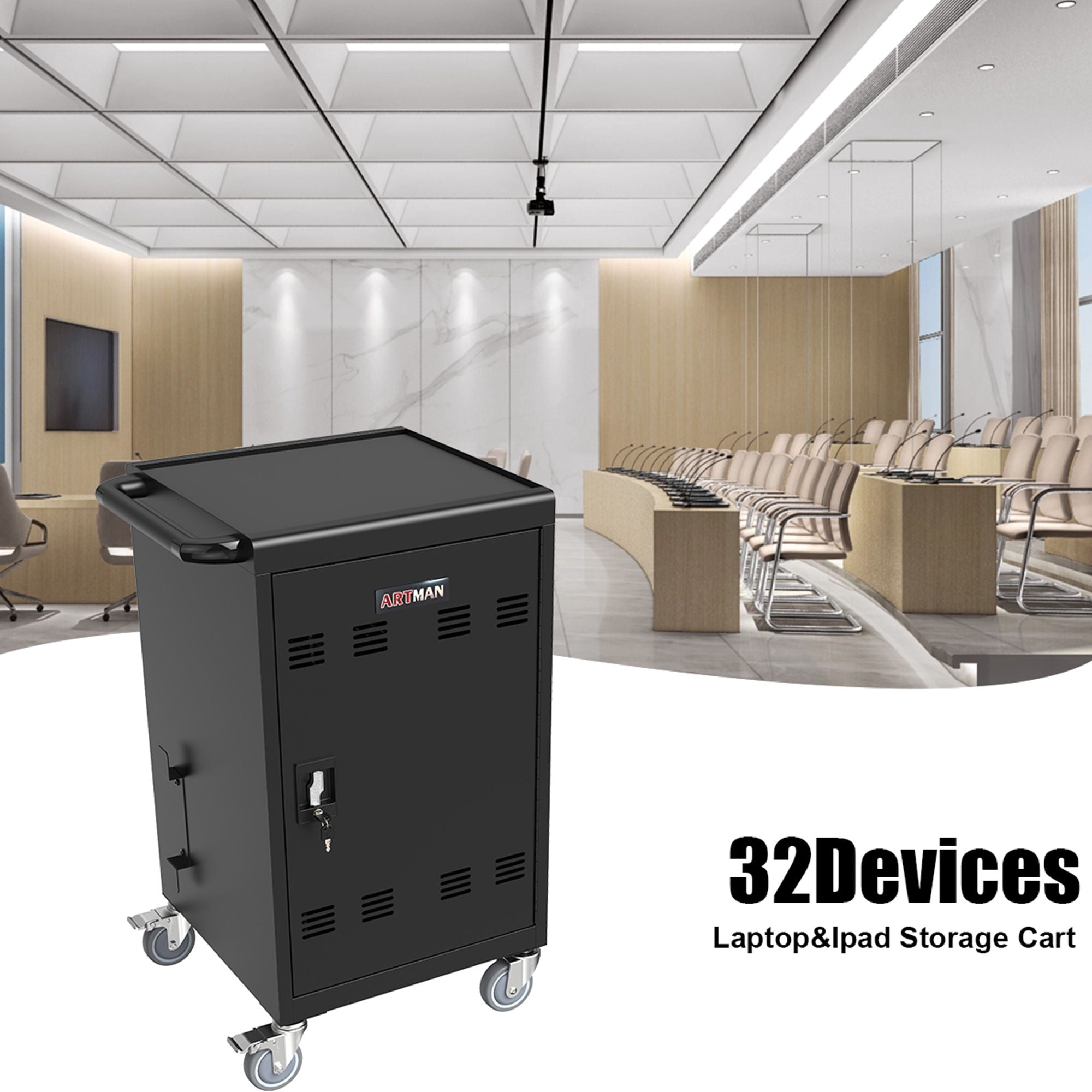 Mobile Charging Cart And Cabinet For Tablets Laptops 32-Device - Matt Black
