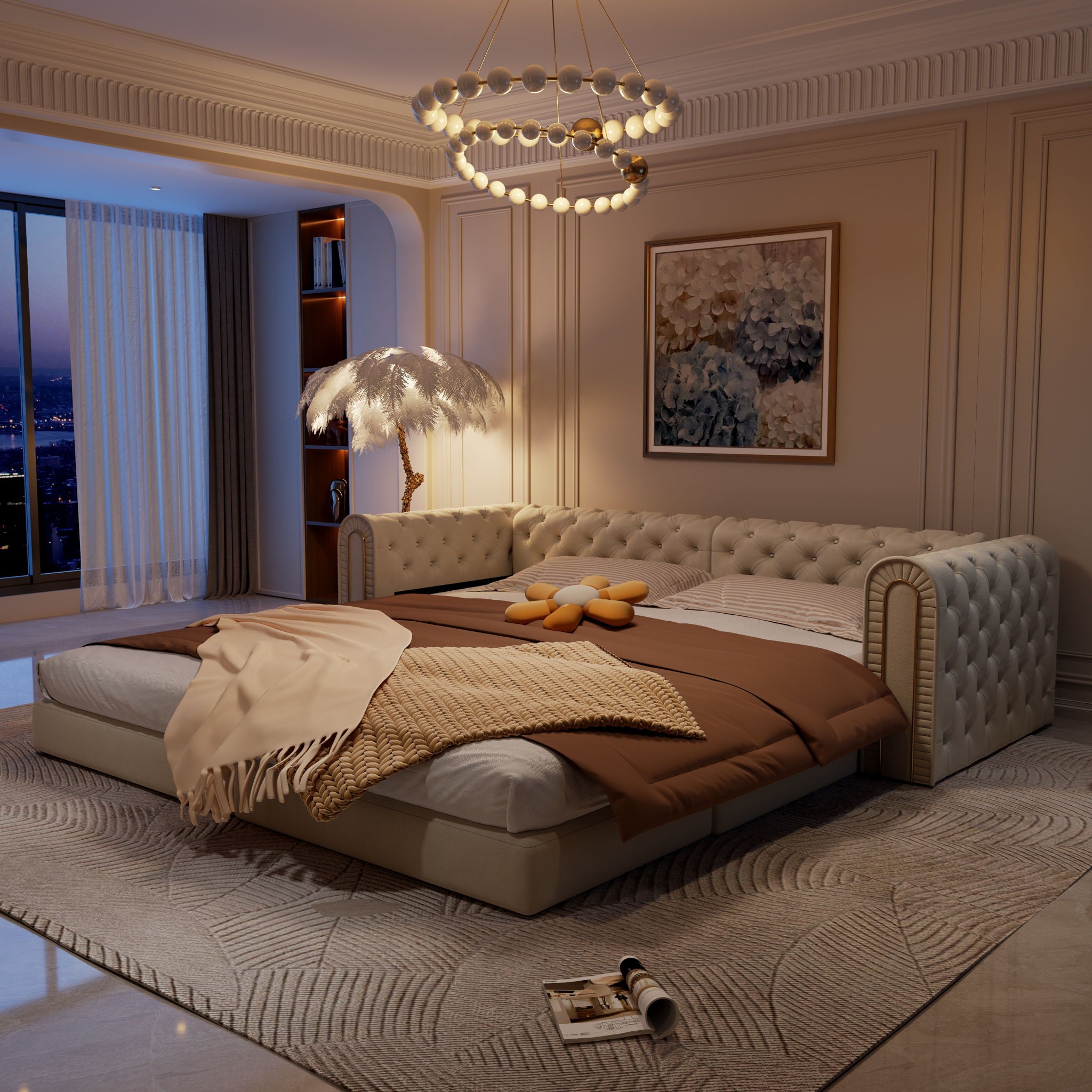 3-In-1 Convertible Sleeper Sofa With Movable Ottoman For Living Room