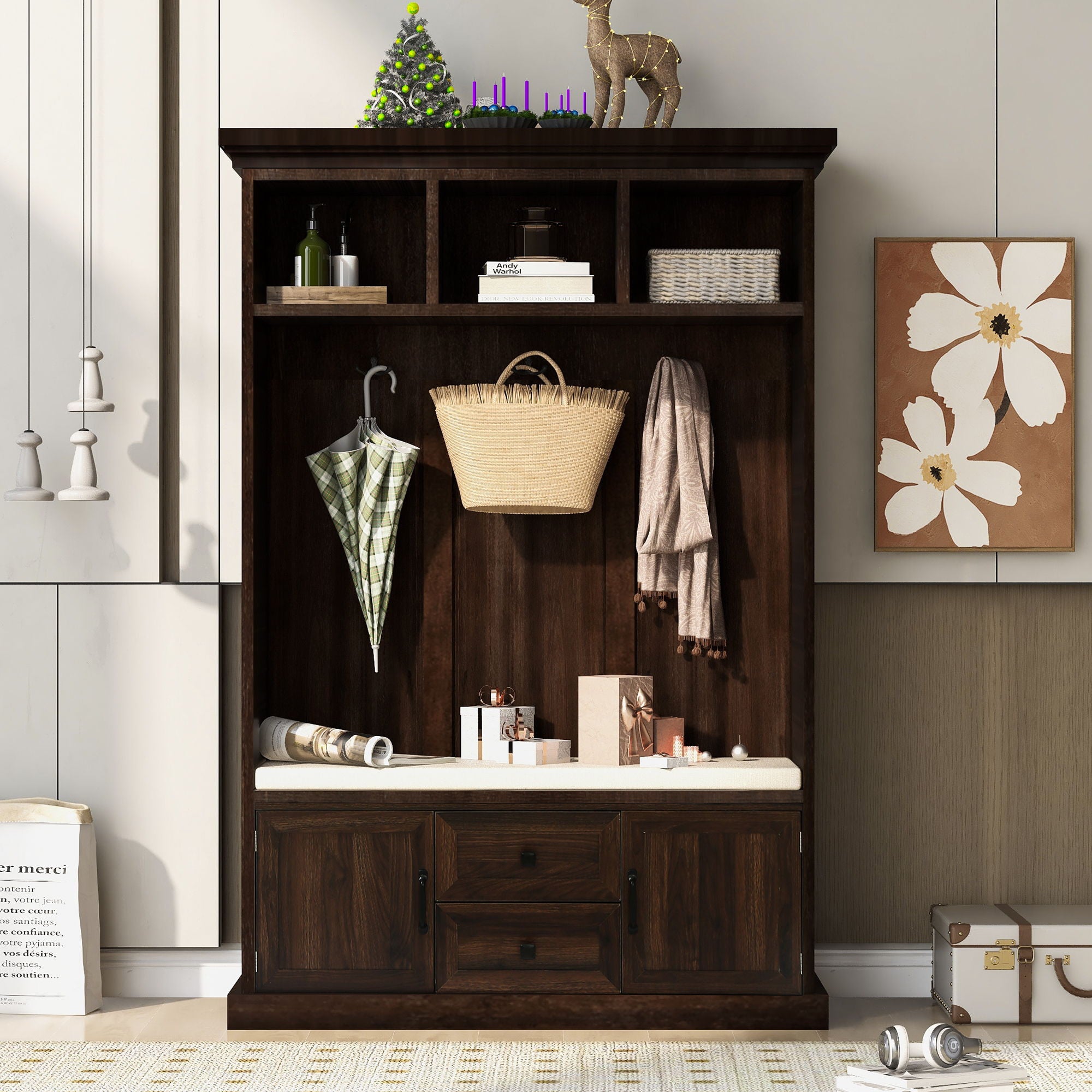 Hall Tree With 3 Hooks, Coat Hanger, Entryway Bench, Storage Bench, 3 In 1 Design