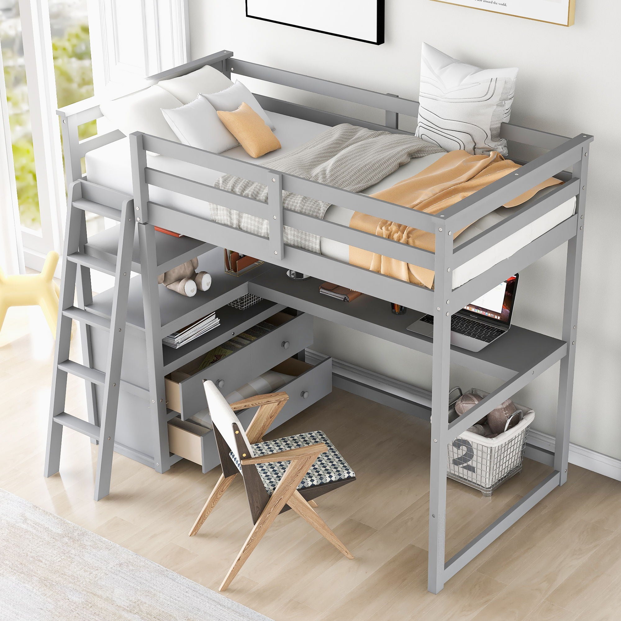 Modern Loft Bed With Built In Desk, Shelves, And 2 Drawers